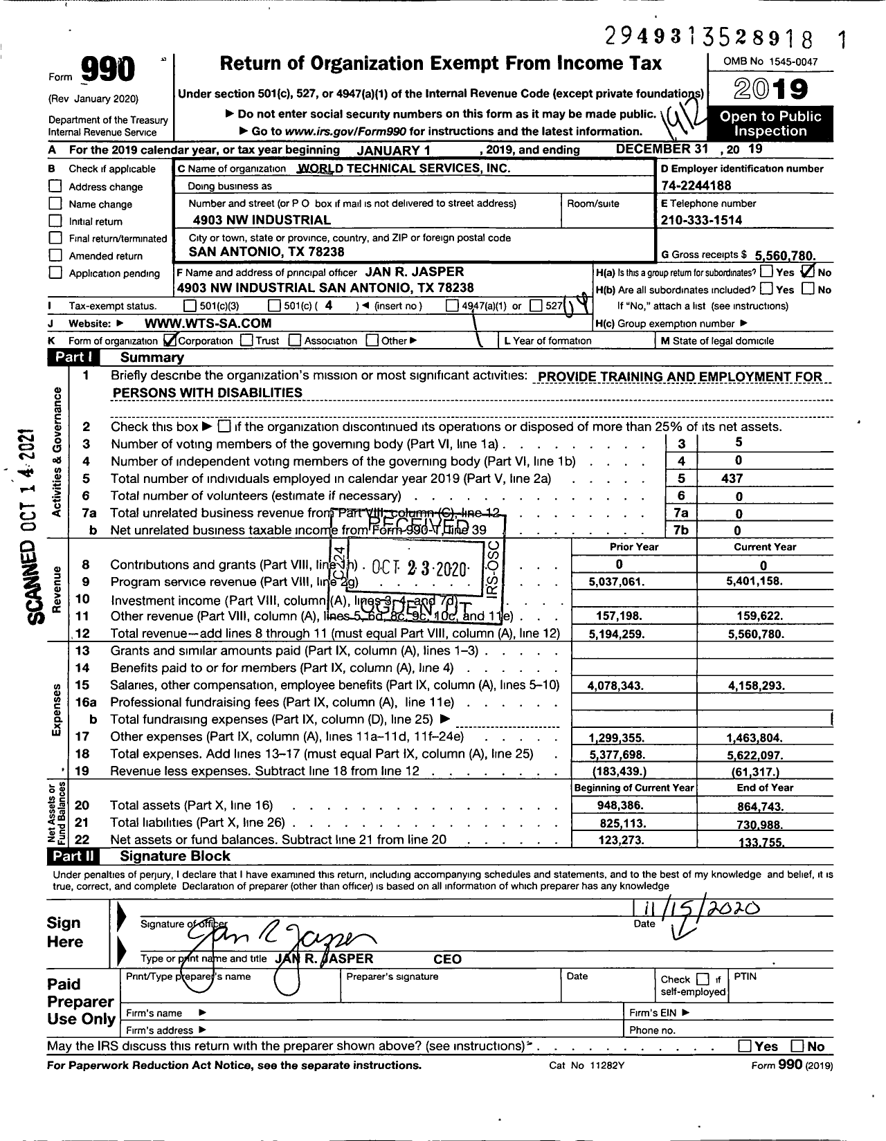 Image of first page of 2019 Form 990O for World Technical Services