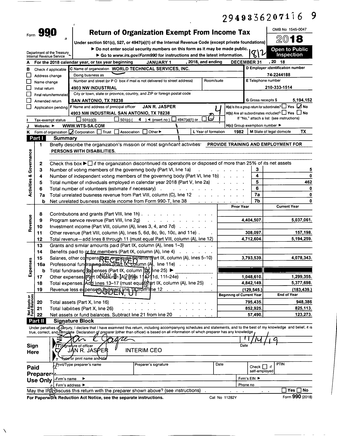 Image of first page of 2018 Form 990O for World Technical Services