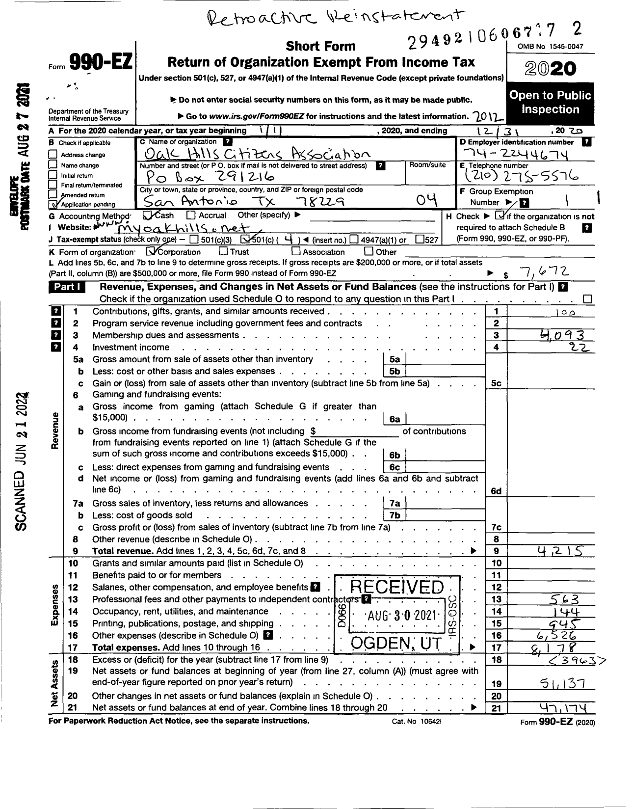 Image of first page of 2020 Form 990EO for Oak Hills Citizens Association