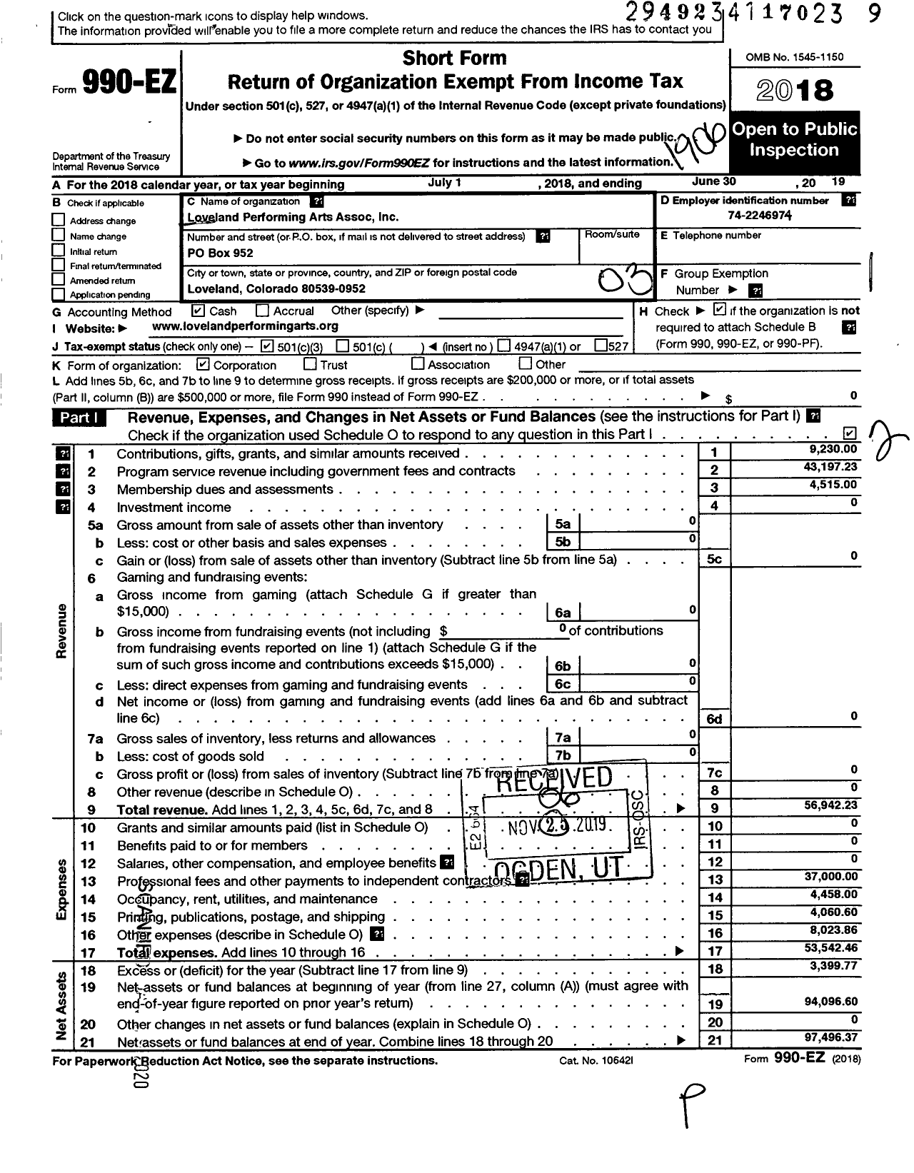 Image of first page of 2018 Form 990EZ for Loveland Performing Arts Association