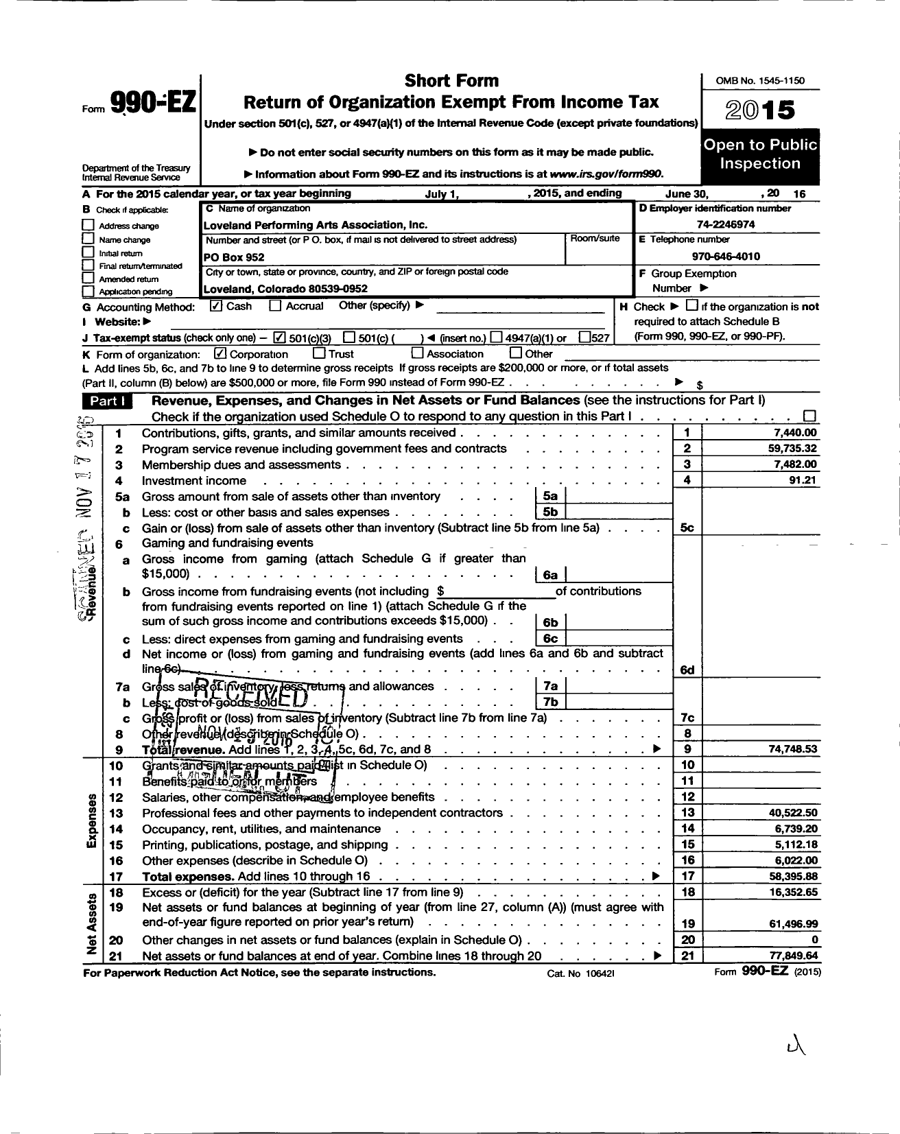 Image of first page of 2015 Form 990EZ for Loveland Performing Arts Association