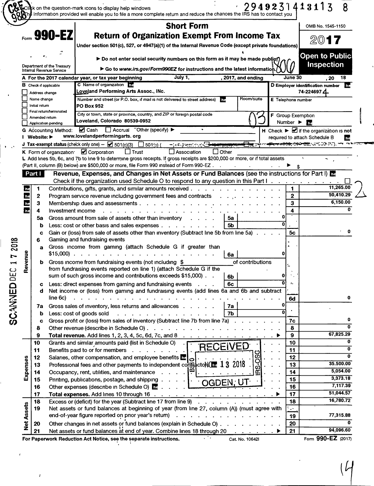 Image of first page of 2017 Form 990EZ for Loveland Performing Arts Association