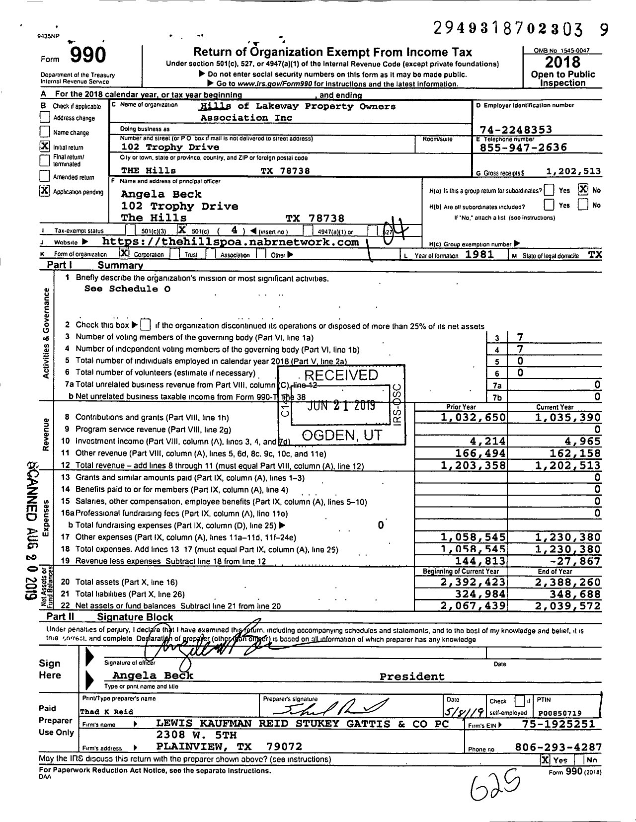 Image of first page of 2018 Form 990O for Hills of Lakeway Property Owners Association