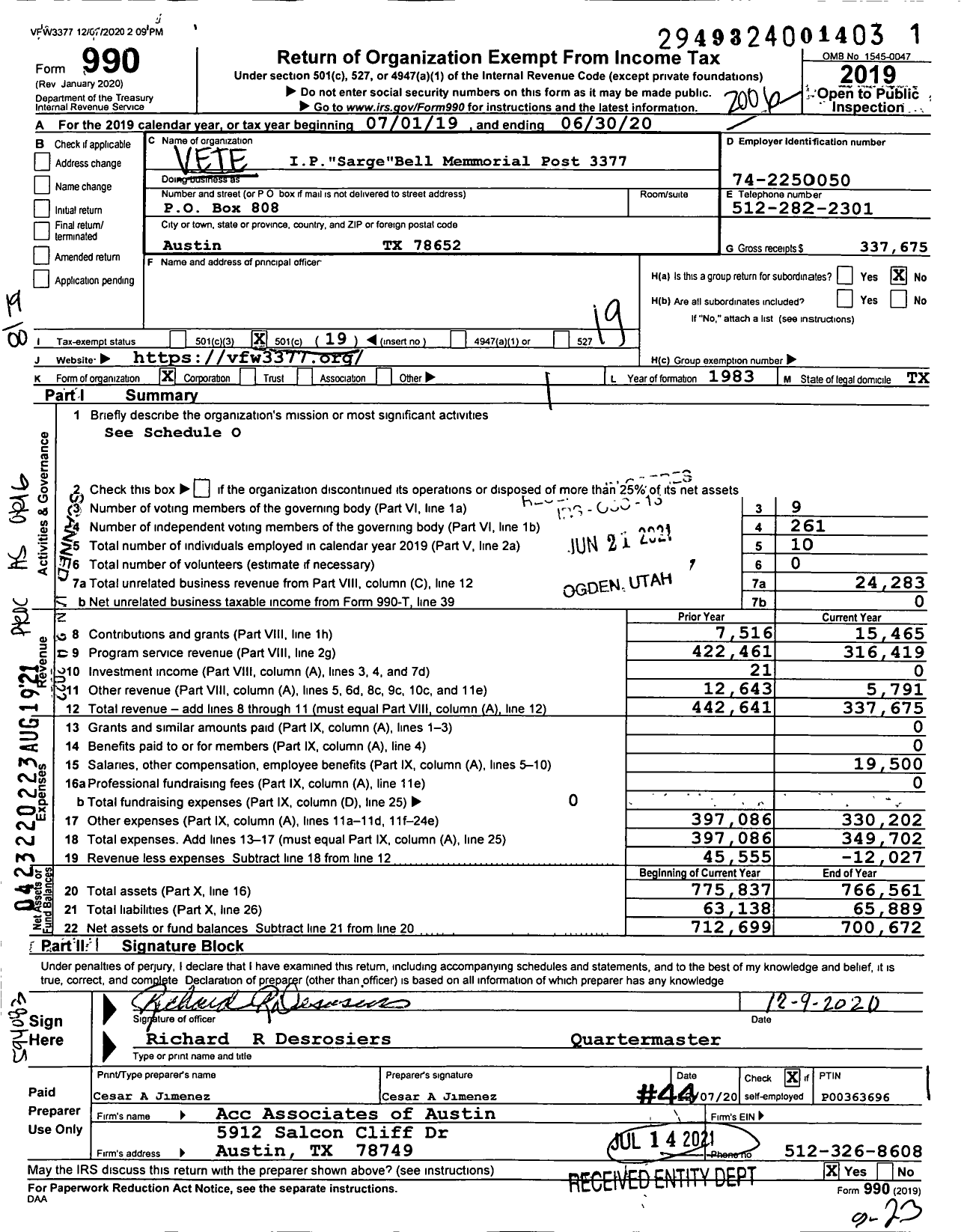 Image of first page of 2019 Form 990O for Texas VFW - VFW Post 3377