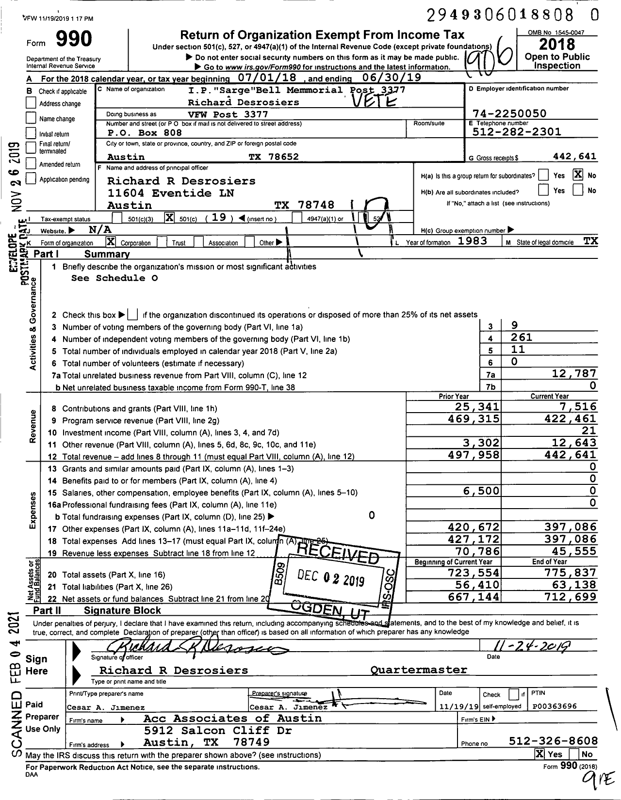 Image of first page of 2018 Form 990O for Texas VFW - VFW Post 3377