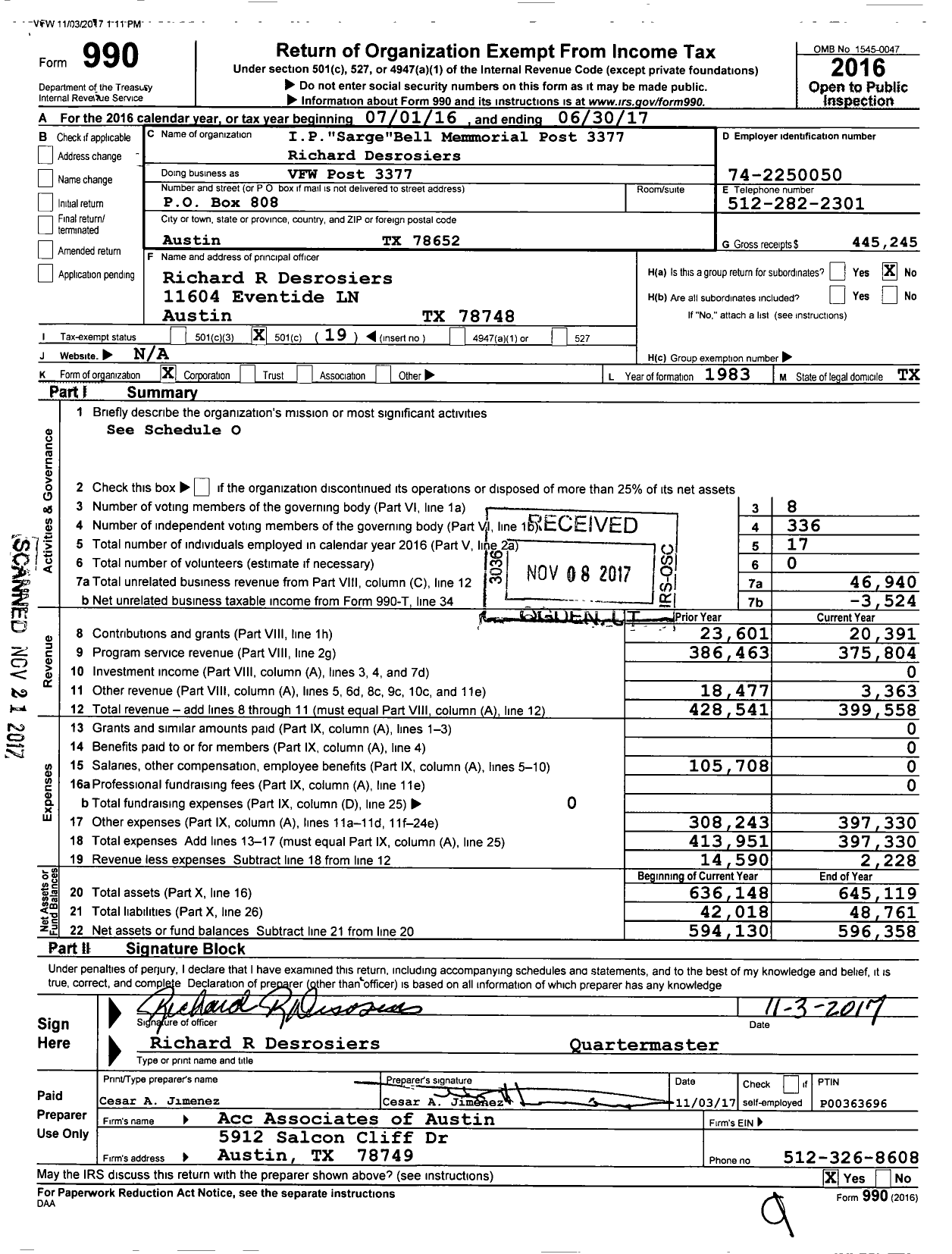 Image of first page of 2016 Form 990O for Texas VFW - VFW Post 3377