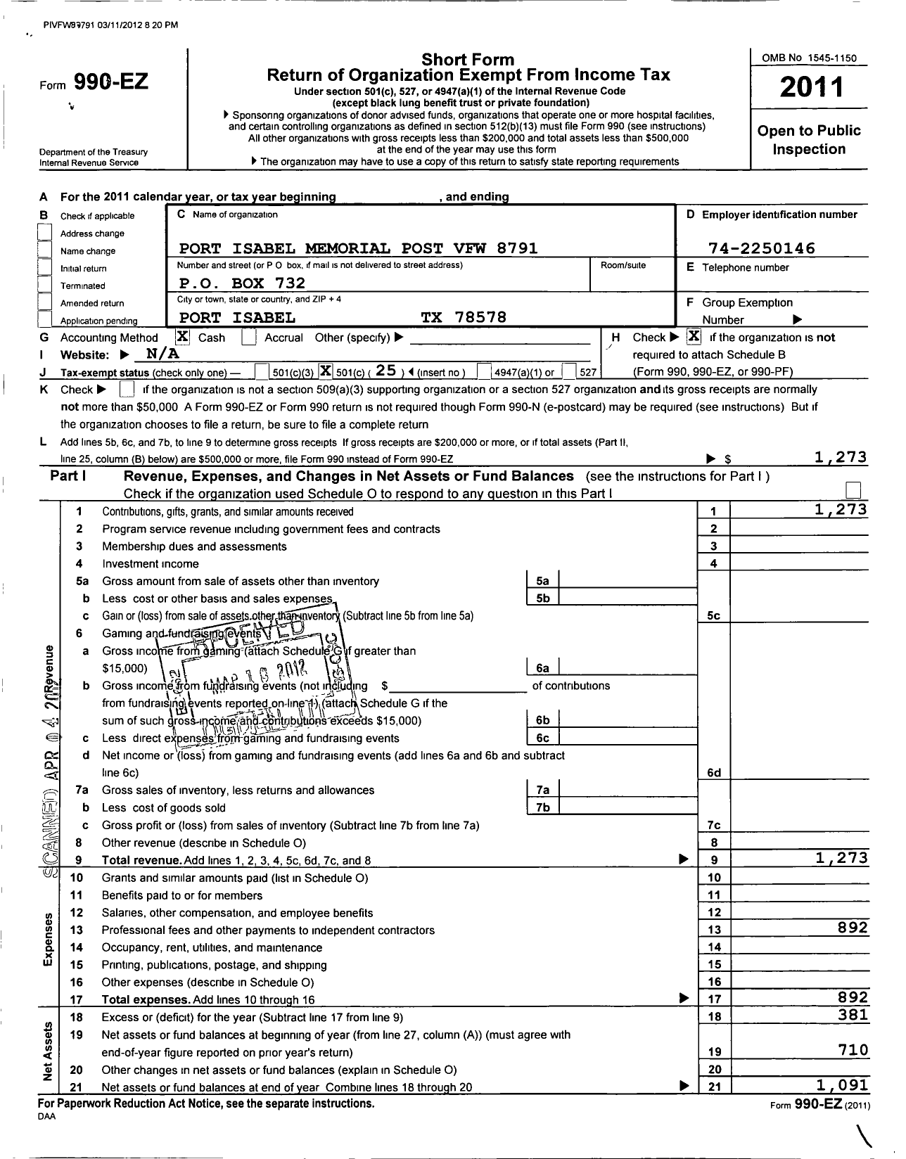 Image of first page of 2011 Form 990EO for Texas VFW - 8791 Port Isabel Memorial