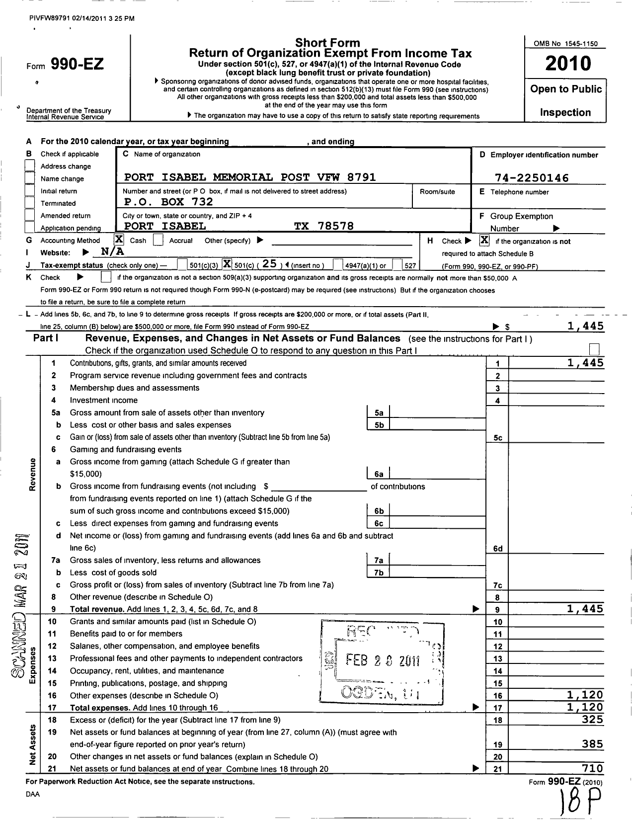 Image of first page of 2010 Form 990EO for Texas VFW - 8791 Port Isabel Memorial