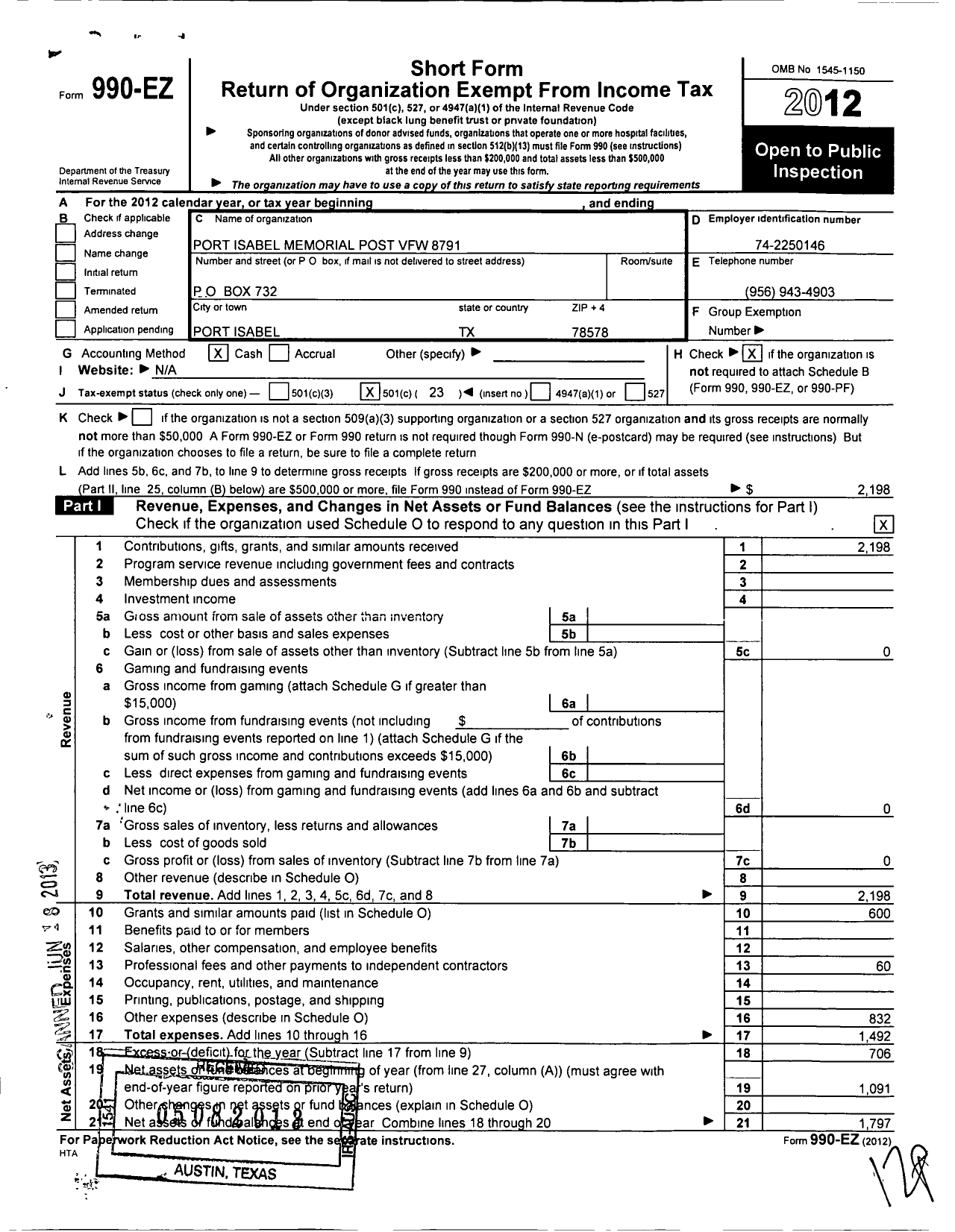 Image of first page of 2012 Form 990EO for Texas VFW - 8791 Port Isabel Memorial