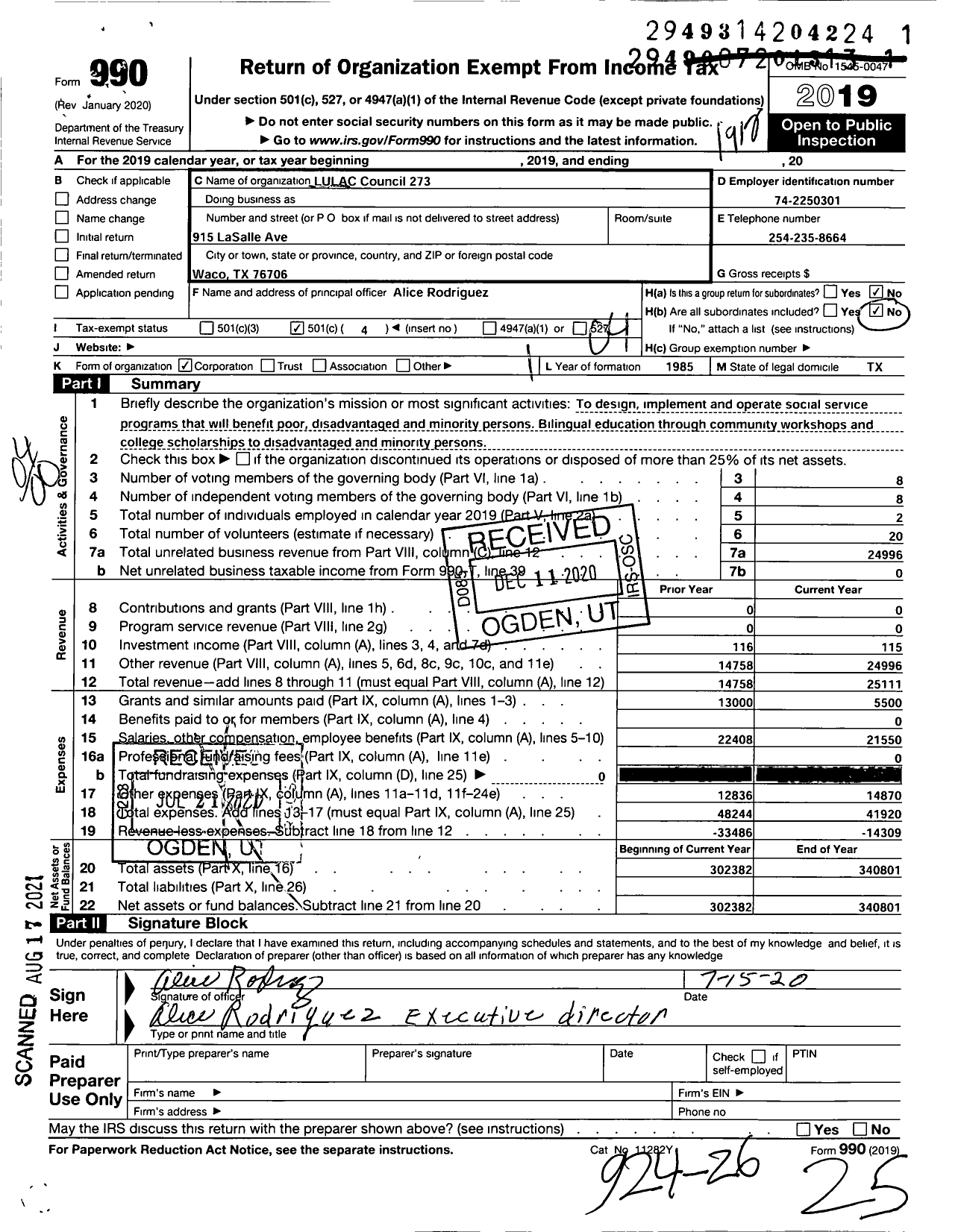 Image of first page of 2019 Form 990O for League of United Latin America Citizens / 273 Bingo Waco Council