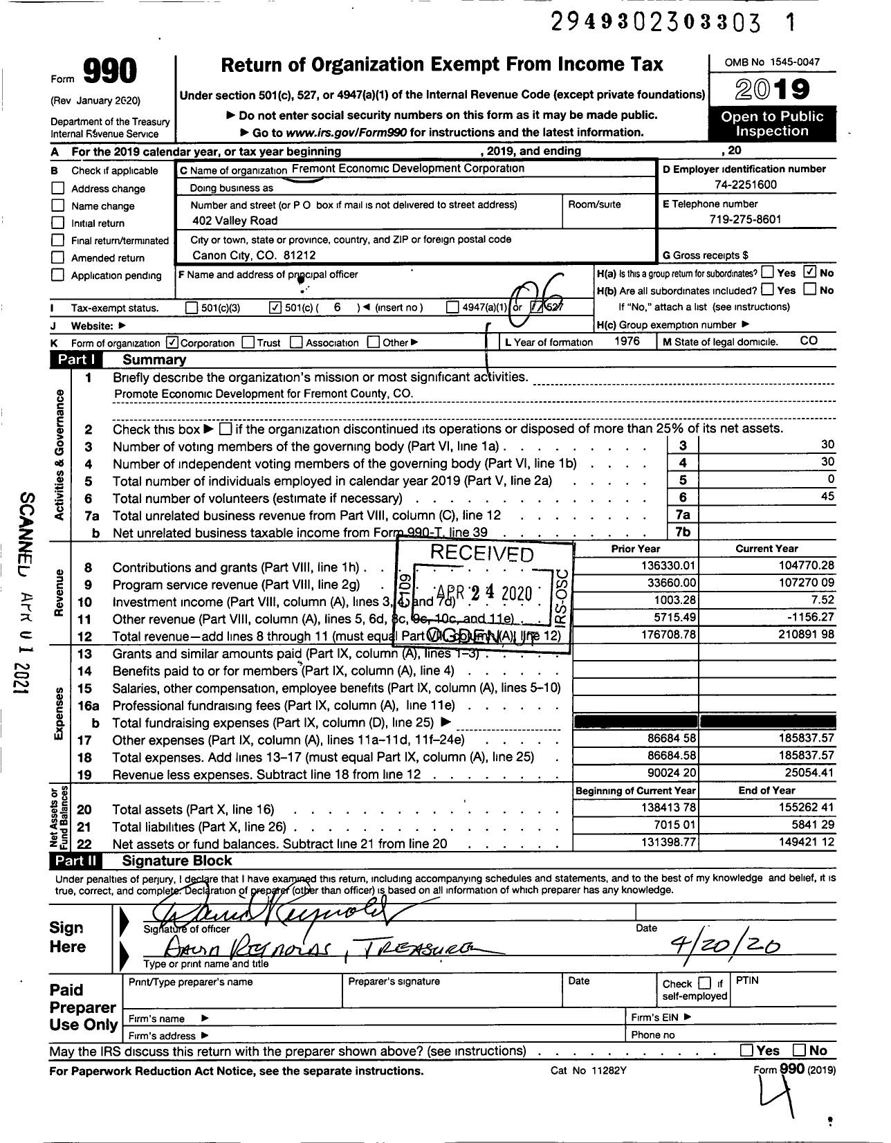 Image of first page of 2019 Form 990O for Fremont County Economic Development Corporation