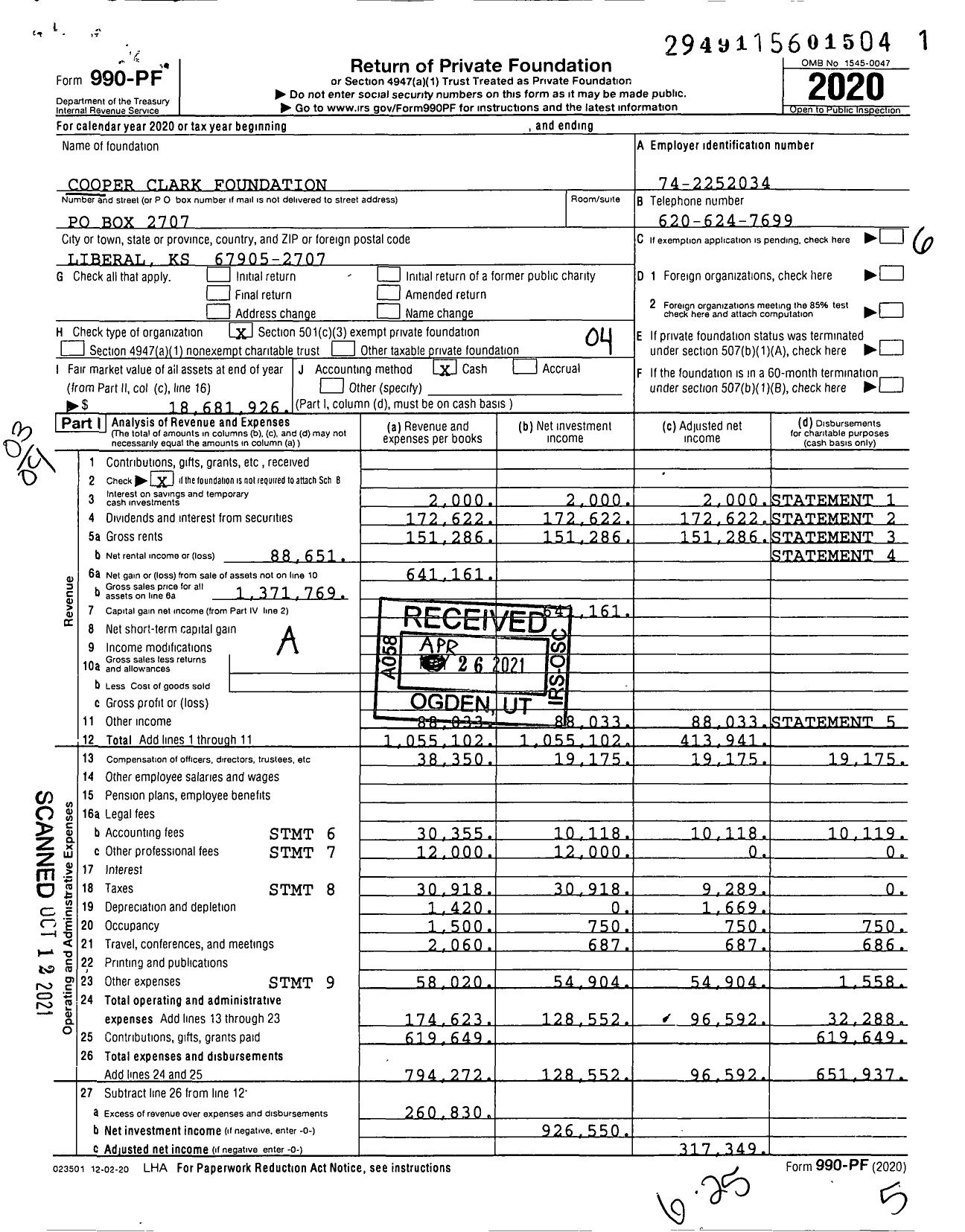 Image of first page of 2020 Form 990PF for Cooper Clark Foundation