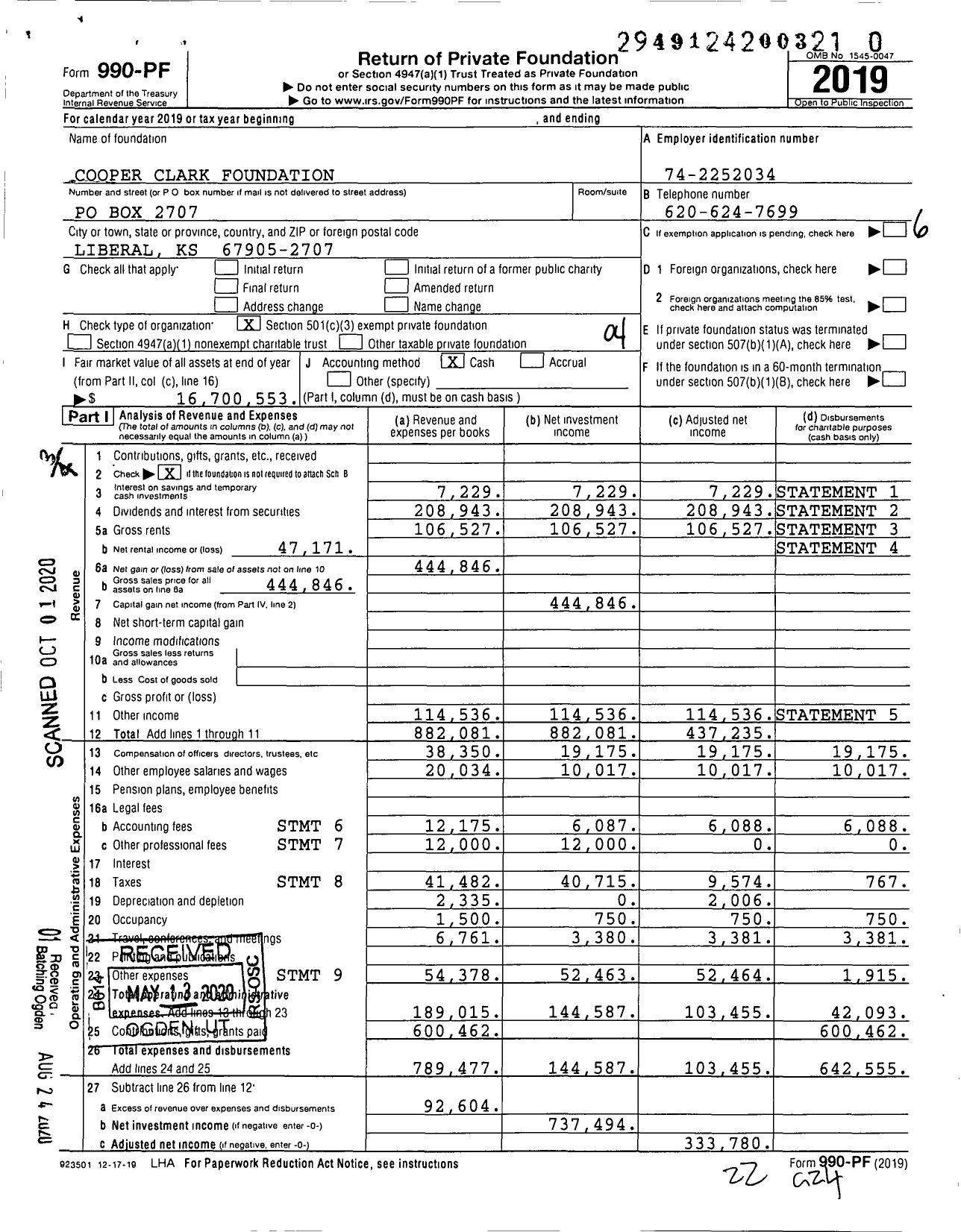 Image of first page of 2019 Form 990PR for Cooper Clark Foundation