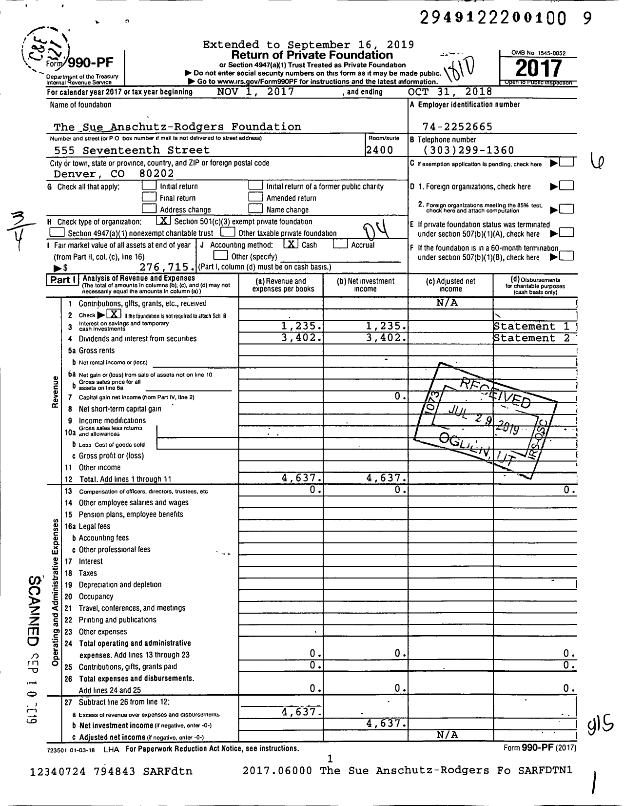 Image of first page of 2017 Form 990PF for The Sue Anschutz-Rodgers Foundation