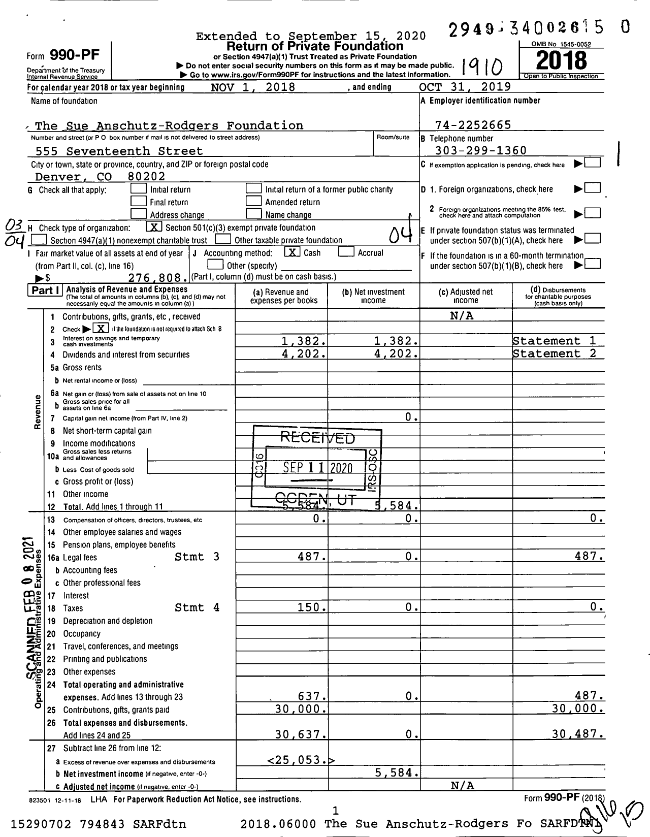 Image of first page of 2018 Form 990PF for The Sue Anschutz-Rodgers Foundation