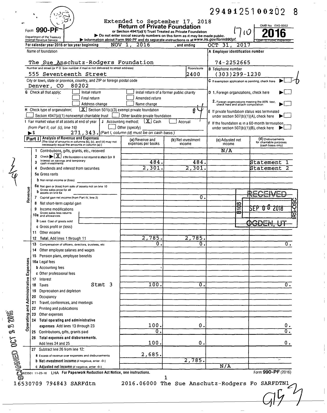 Image of first page of 2016 Form 990PF for The Sue Anschutz-Rodgers Foundation