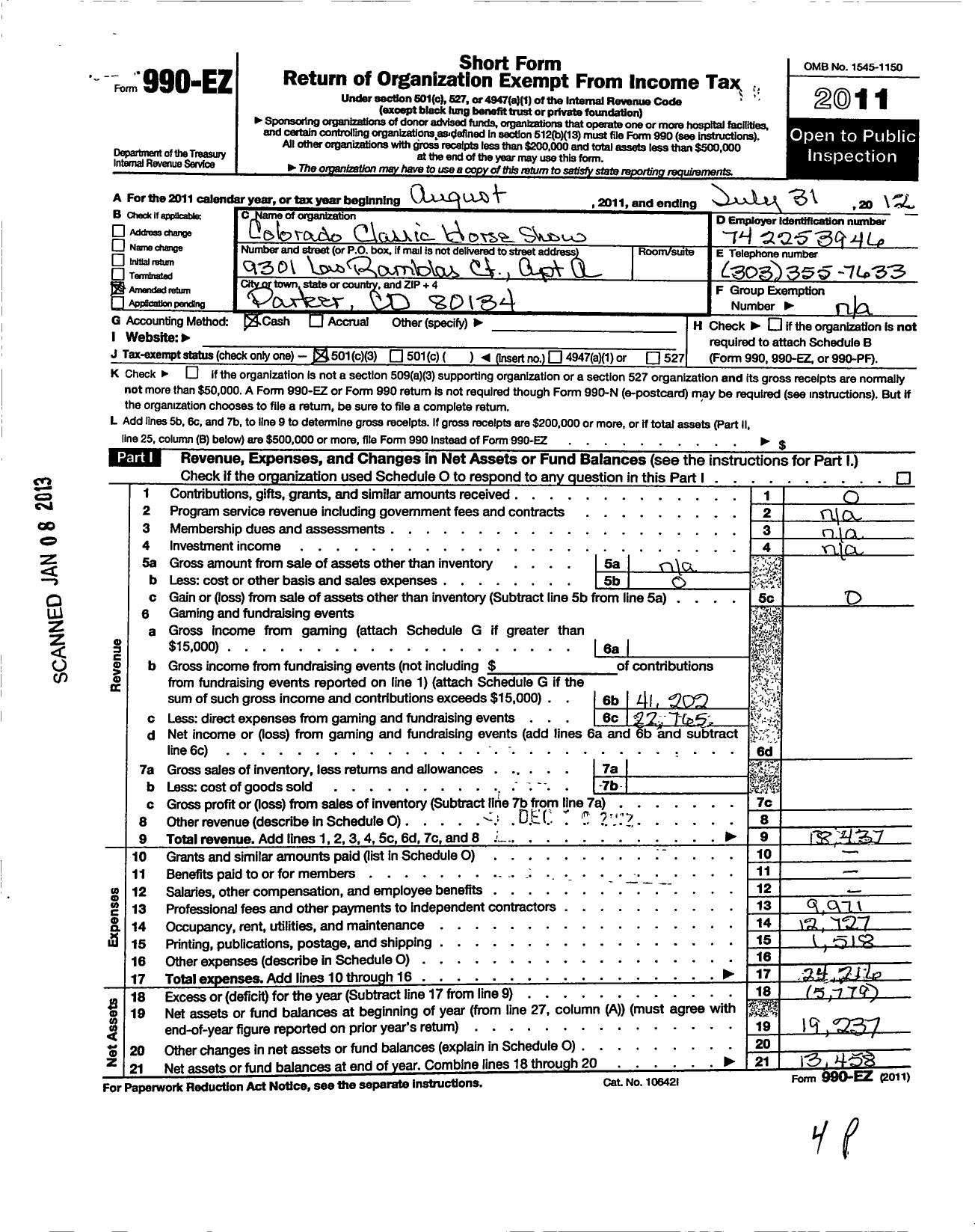 Image of first page of 2011 Form 990EZ for Colorado Classic Horse Show