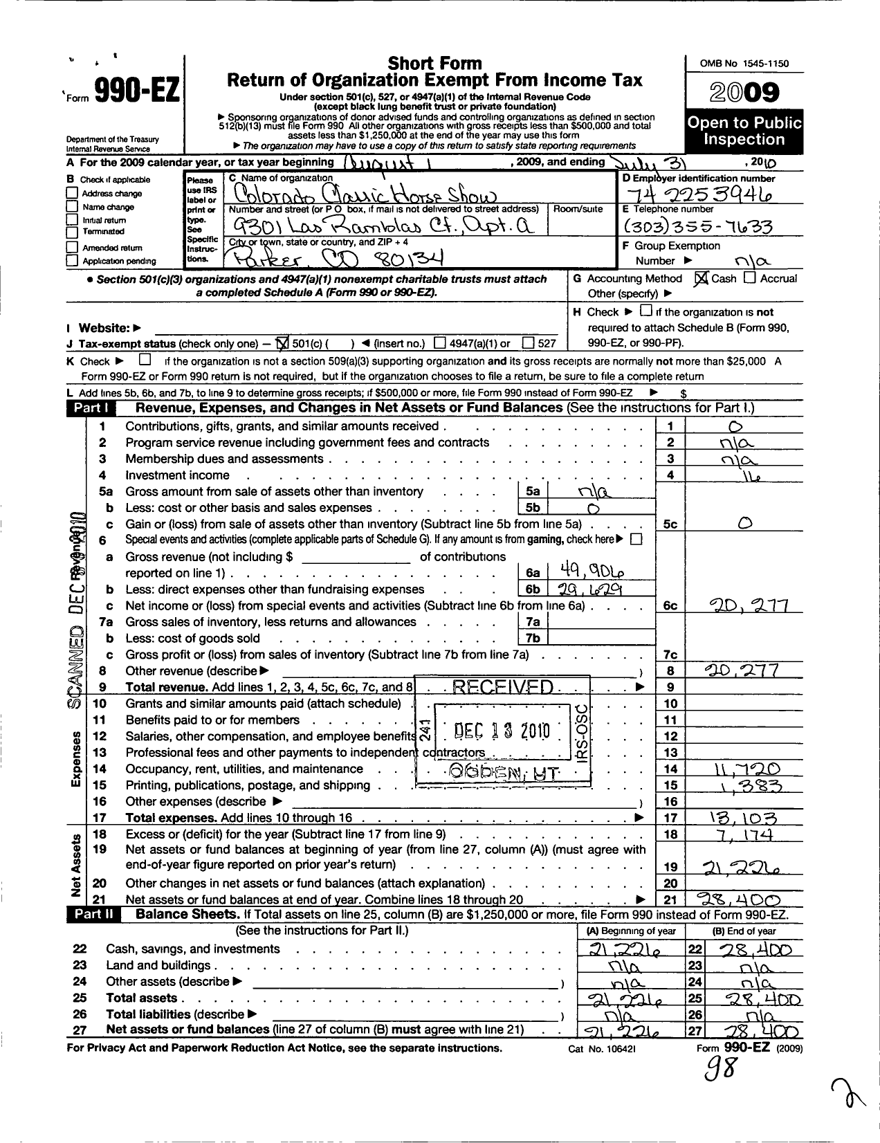 Image of first page of 2009 Form 990EO for Colorado Classic Horse Show