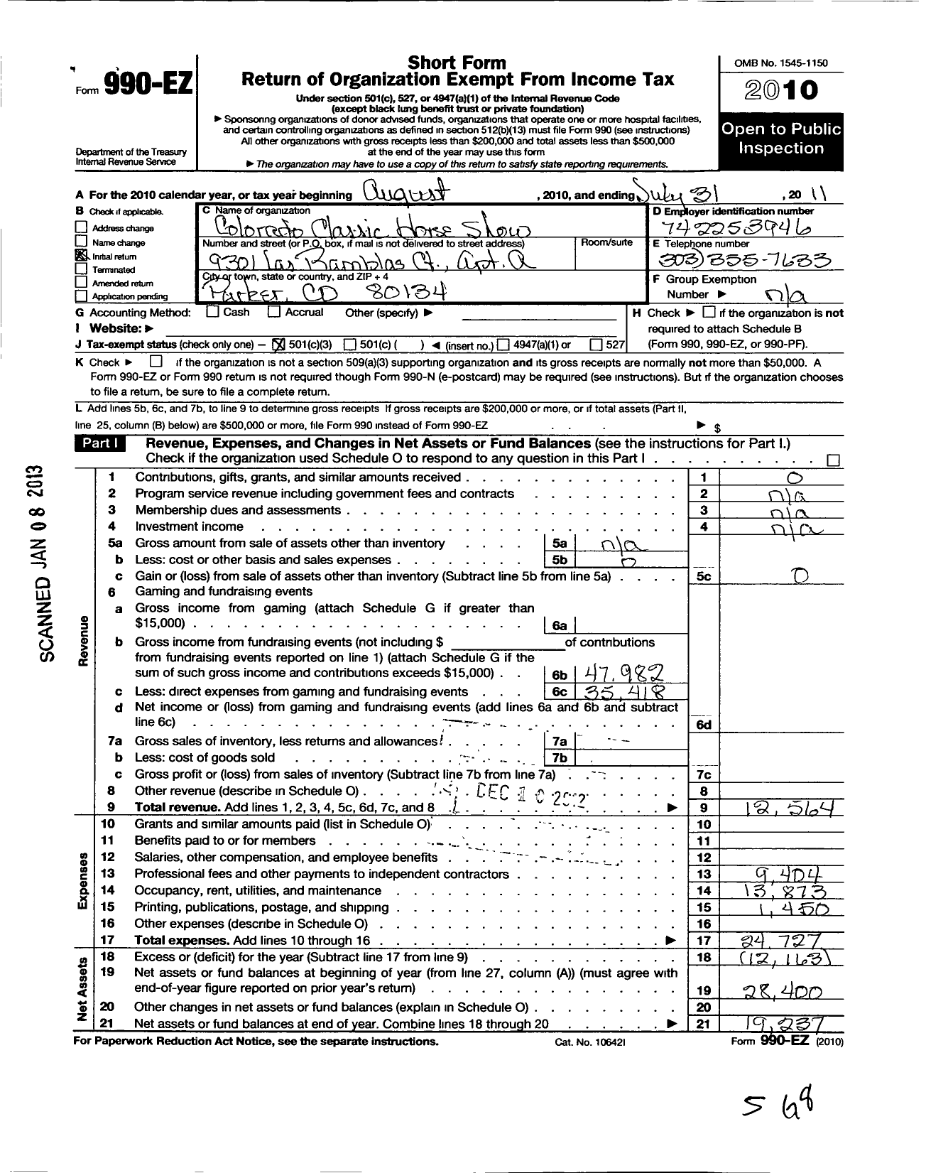 Image of first page of 2010 Form 990EZ for Colorado Classic Horse Show