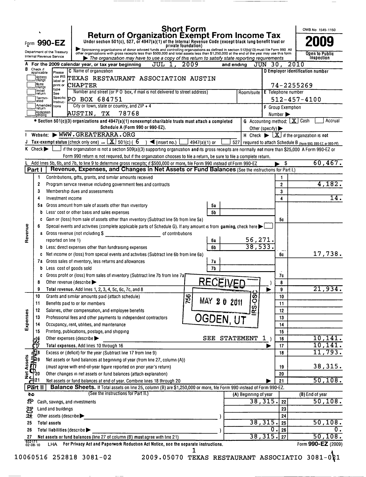 Image of first page of 2009 Form 990EO for Texas Restaurant Association Greater Austin Chapter