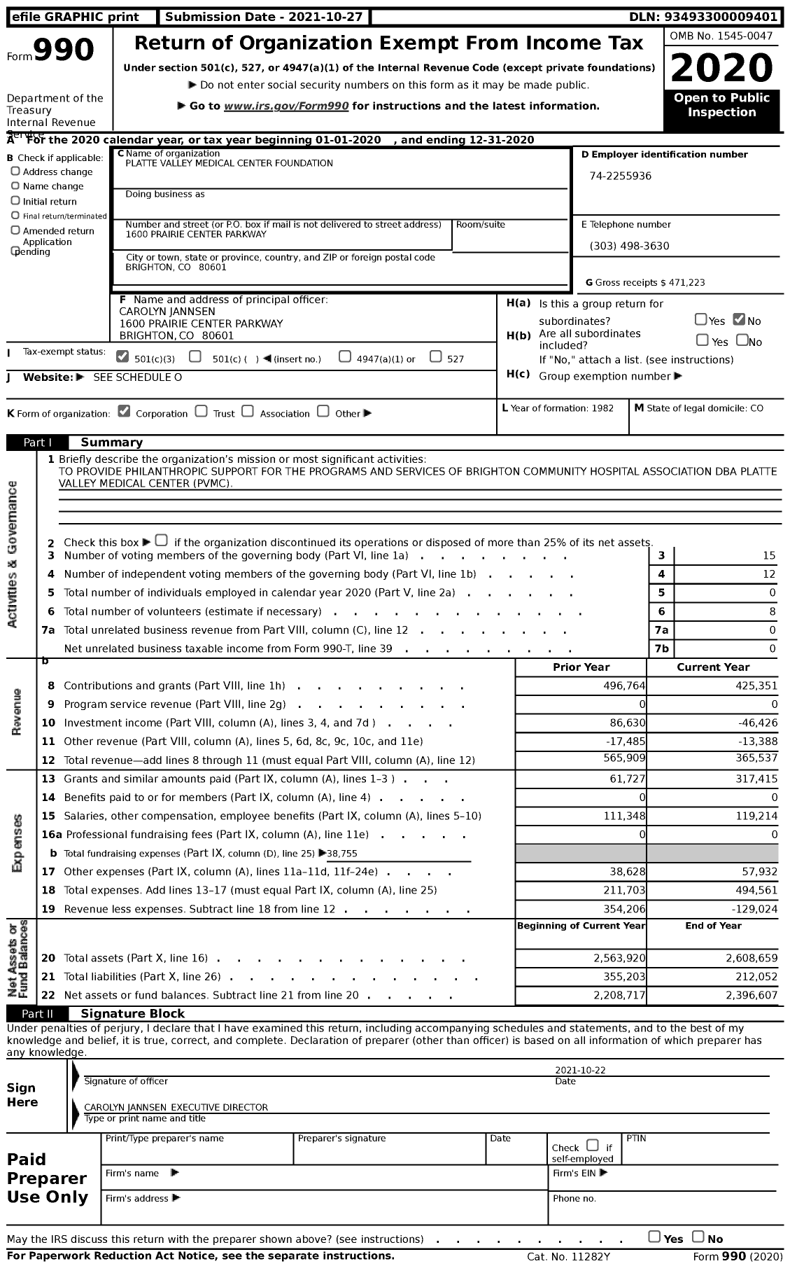 Image of first page of 2020 Form 990 for Platte Valley Medical Center Foundation