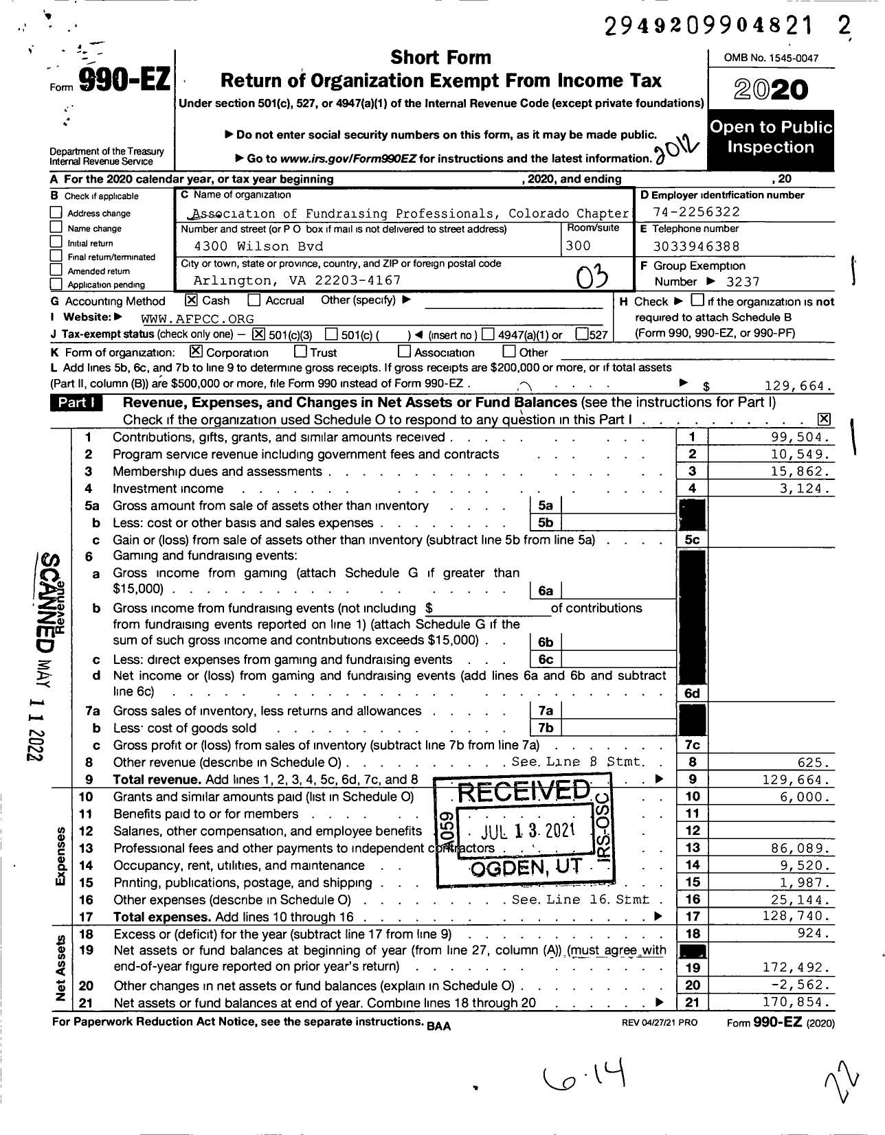 Image of first page of 2020 Form 990EZ for Association of Fundraising Professionals - Co-Colorado Chapter