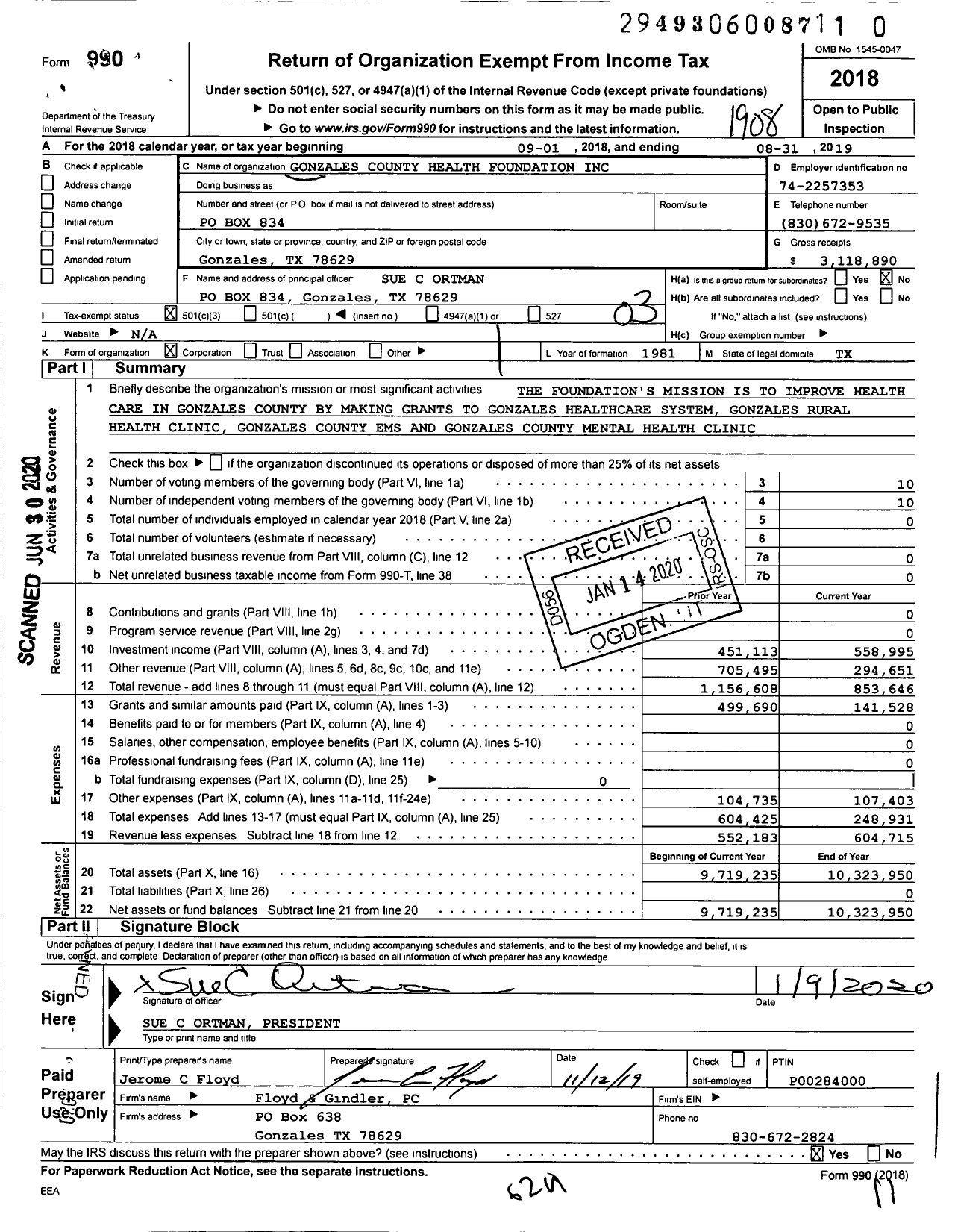 Image of first page of 2018 Form 990 for Gonzales County Health Foundation