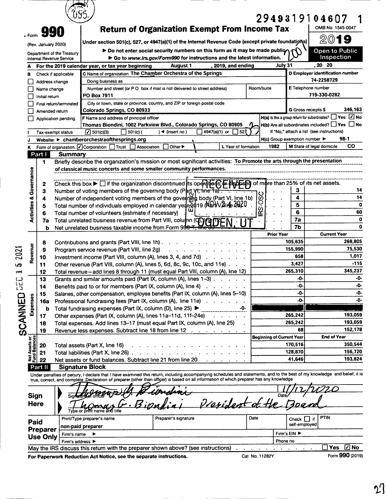 Image of first page of 2019 Form 990 for The Chamber Orchestra of the Springs