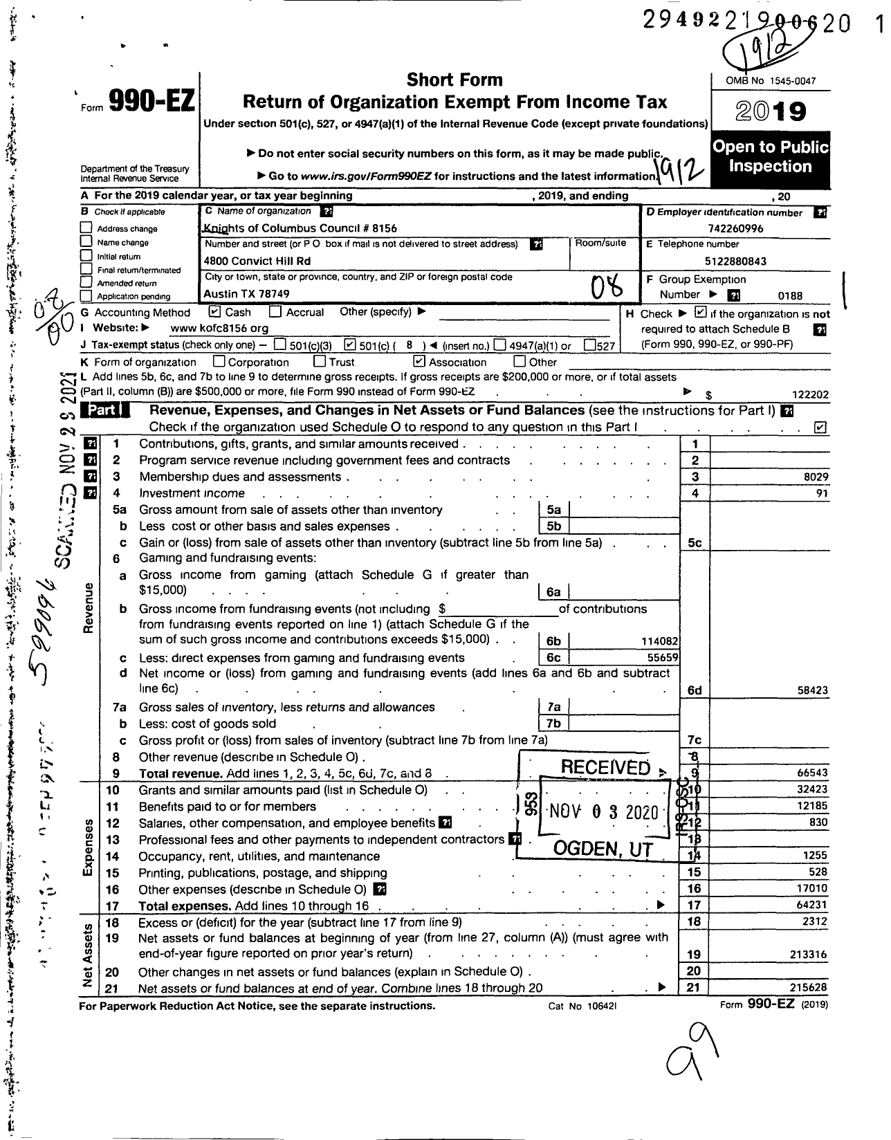 Image of first page of 2019 Form 990EO for Knights of Columbus - 8156 St Catherine of Siena Council