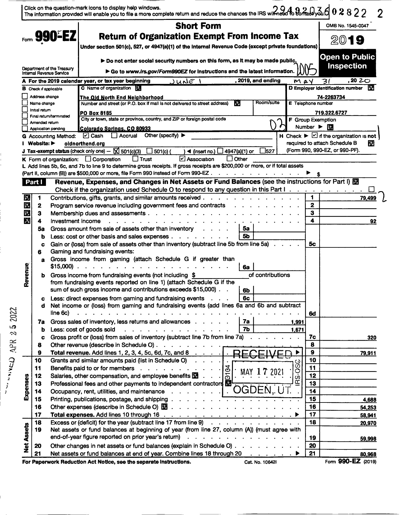 Image of first page of 2019 Form 990EZ for The Old North End Neighborhood