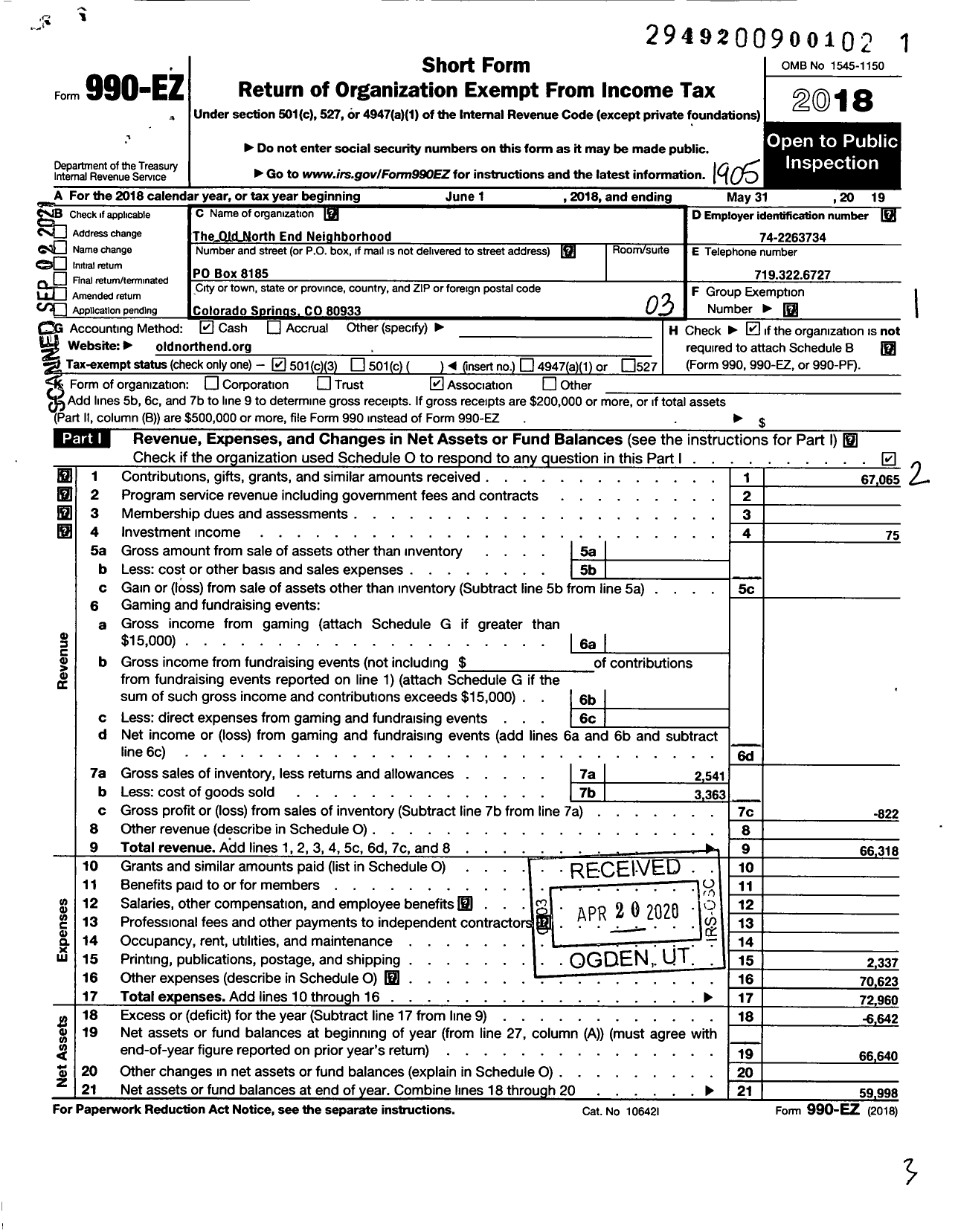 Image of first page of 2018 Form 990EZ for The Old North End Neighborhood