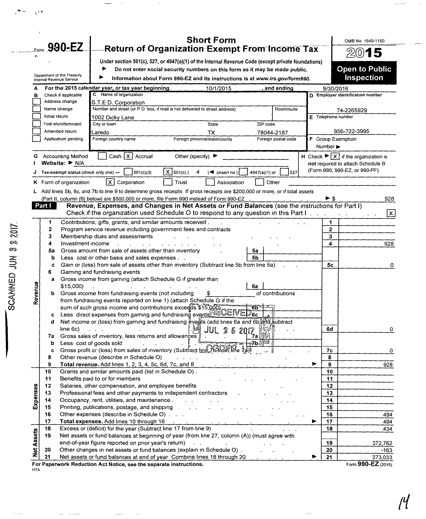 Image of first page of 2015 Form 990EO for The S T E D Corporation