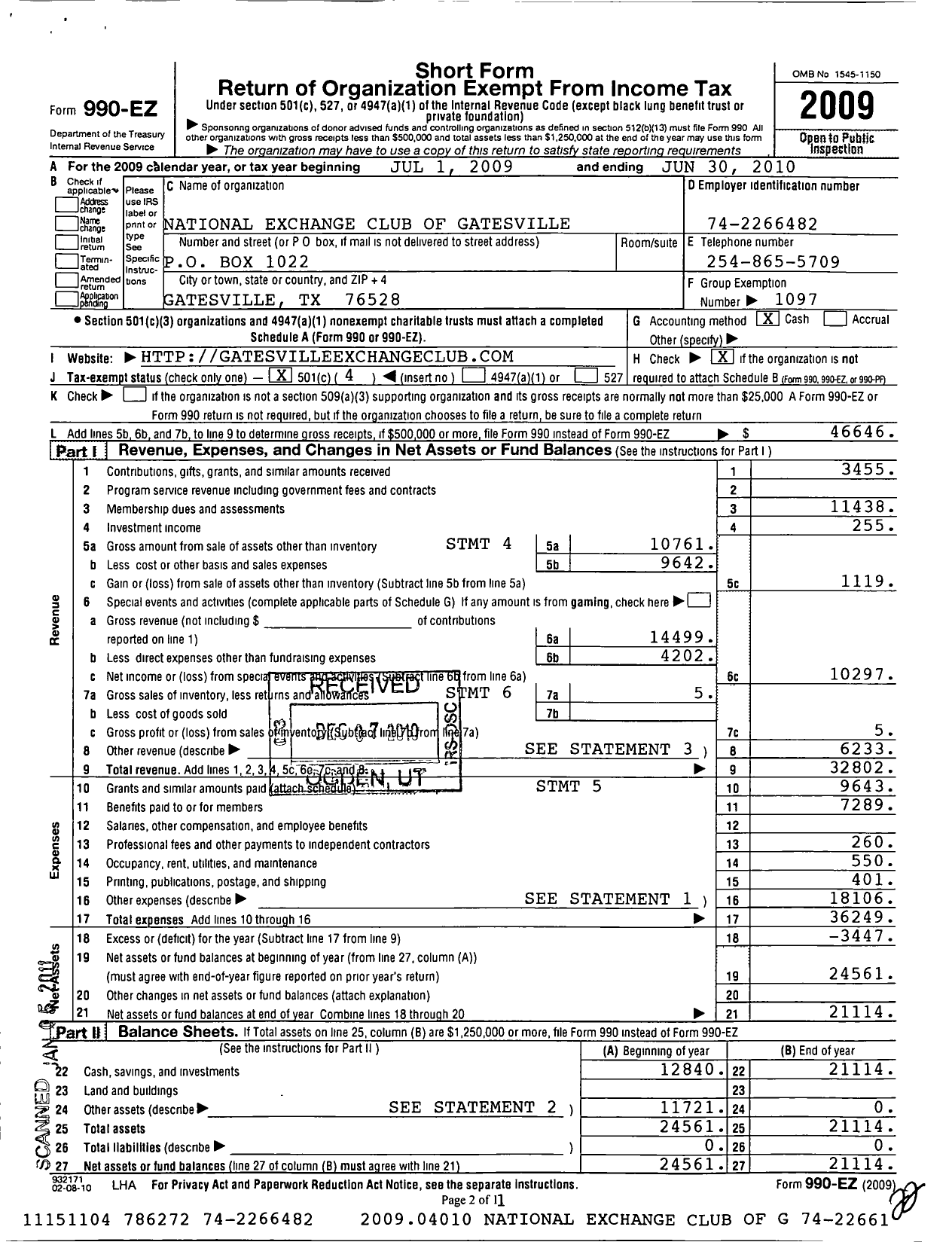 Image of first page of 2009 Form 990EO for National Exchange Club - 2160 Gatesville TX