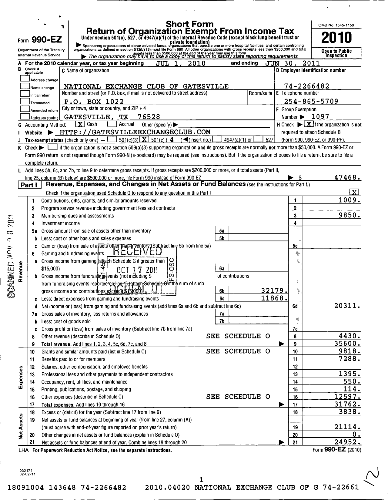 Image of first page of 2010 Form 990EO for National Exchange Club - 2160 Gatesville TX