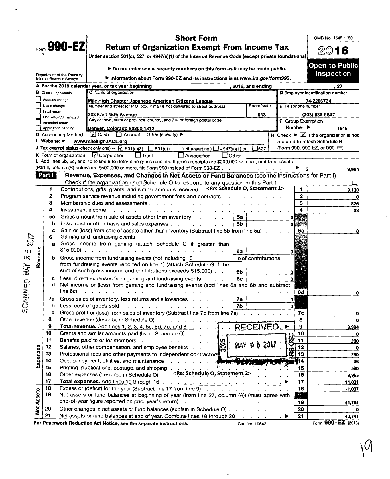 Image of first page of 2016 Form 990EZ for Japanese American Citizens League / Mile High Chapter