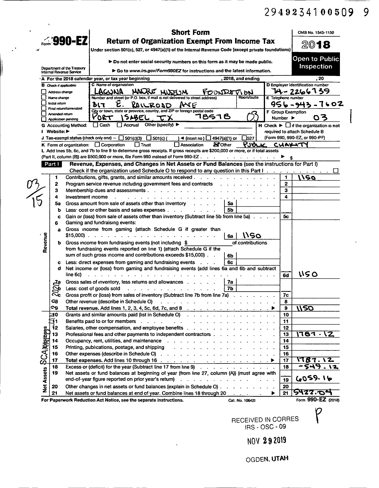 Image of first page of 2018 Form 990EZ for Laguna Madre Museum Foundation