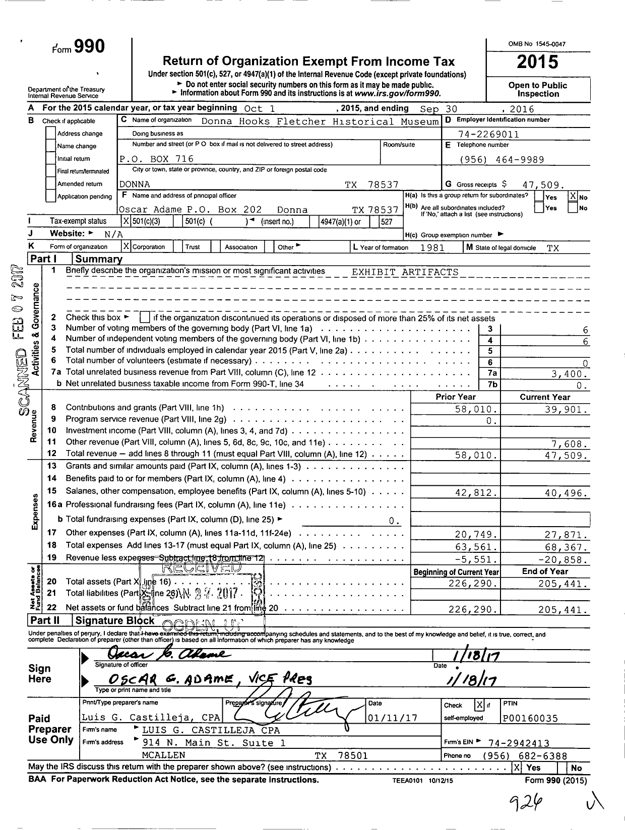 Image of first page of 2015 Form 990 for Donna Hooks Fletcher Historical Museum