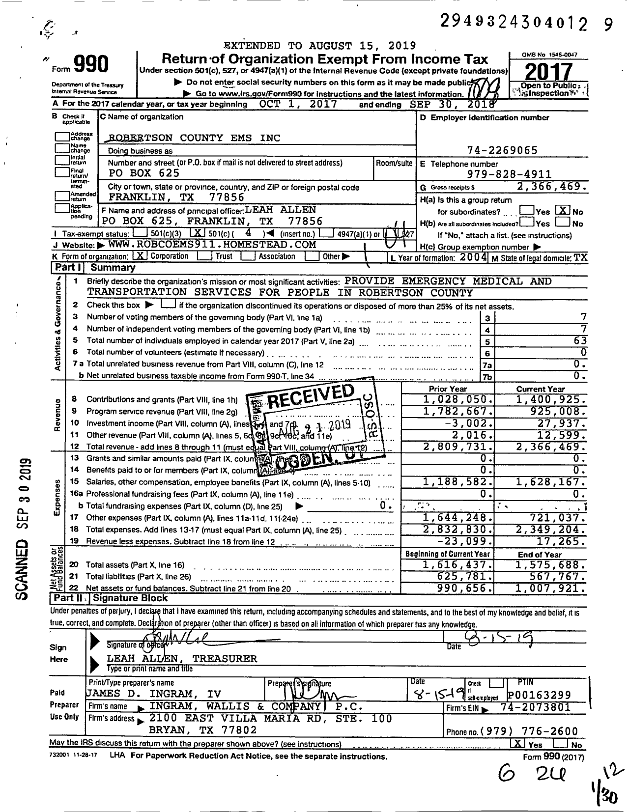 Image of first page of 2017 Form 990O for Robertson County EMS (RCEMS)