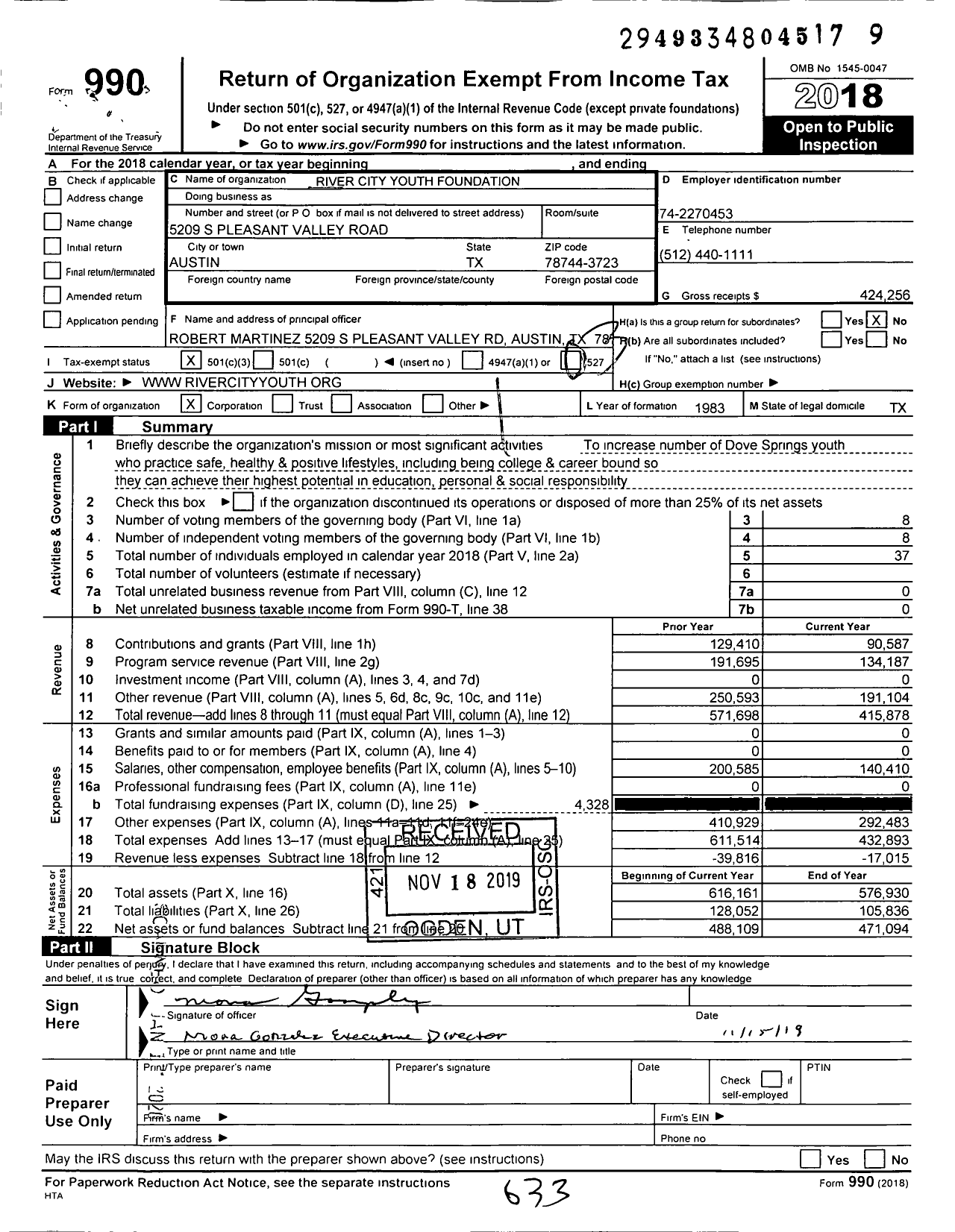 Image of first page of 2018 Form 990 for River City Youth Foundation