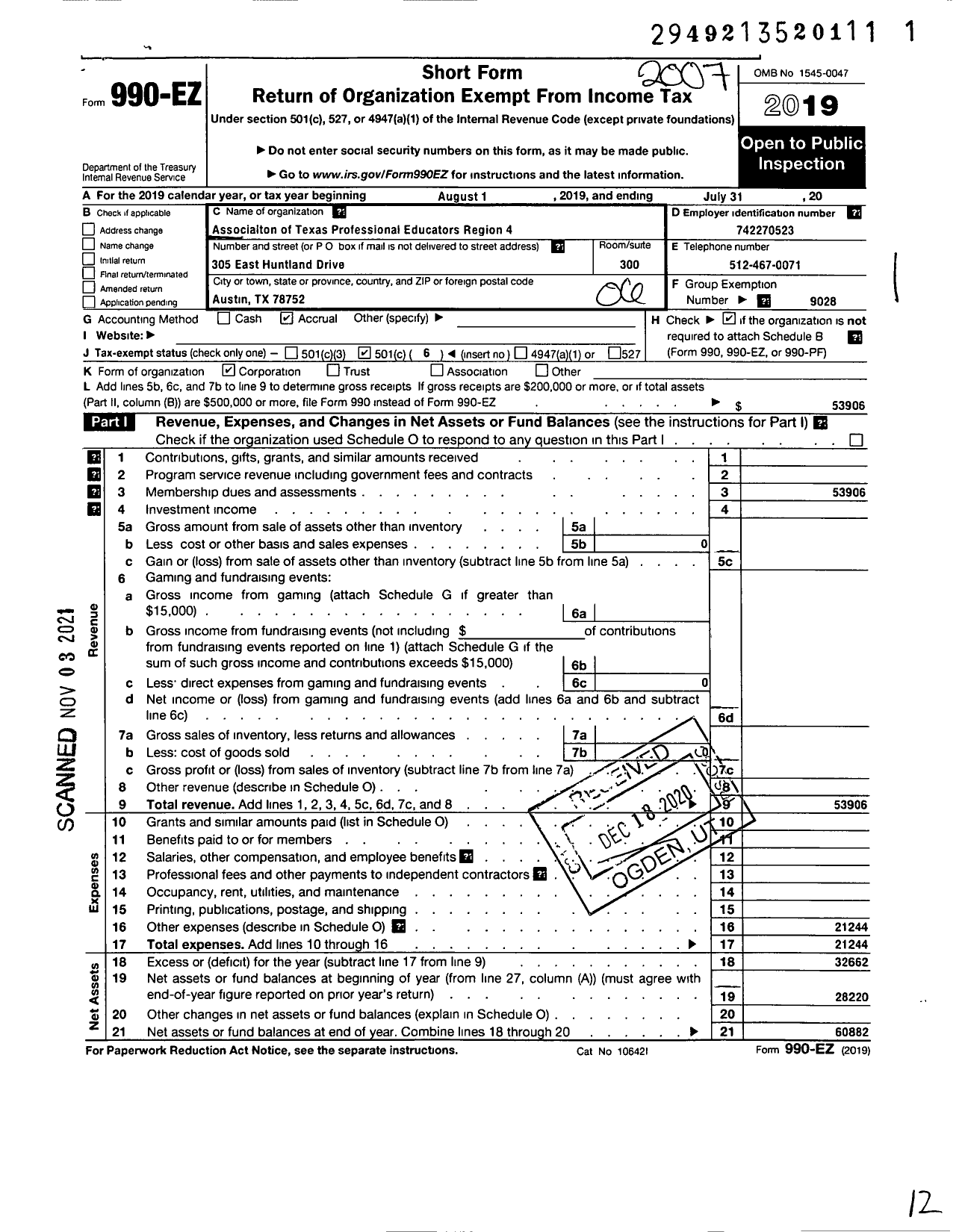 Image of first page of 2019 Form 990EO for ASSOCIATION OF TEXAS PROFESSIONAL EDUCATORS - 4 Region