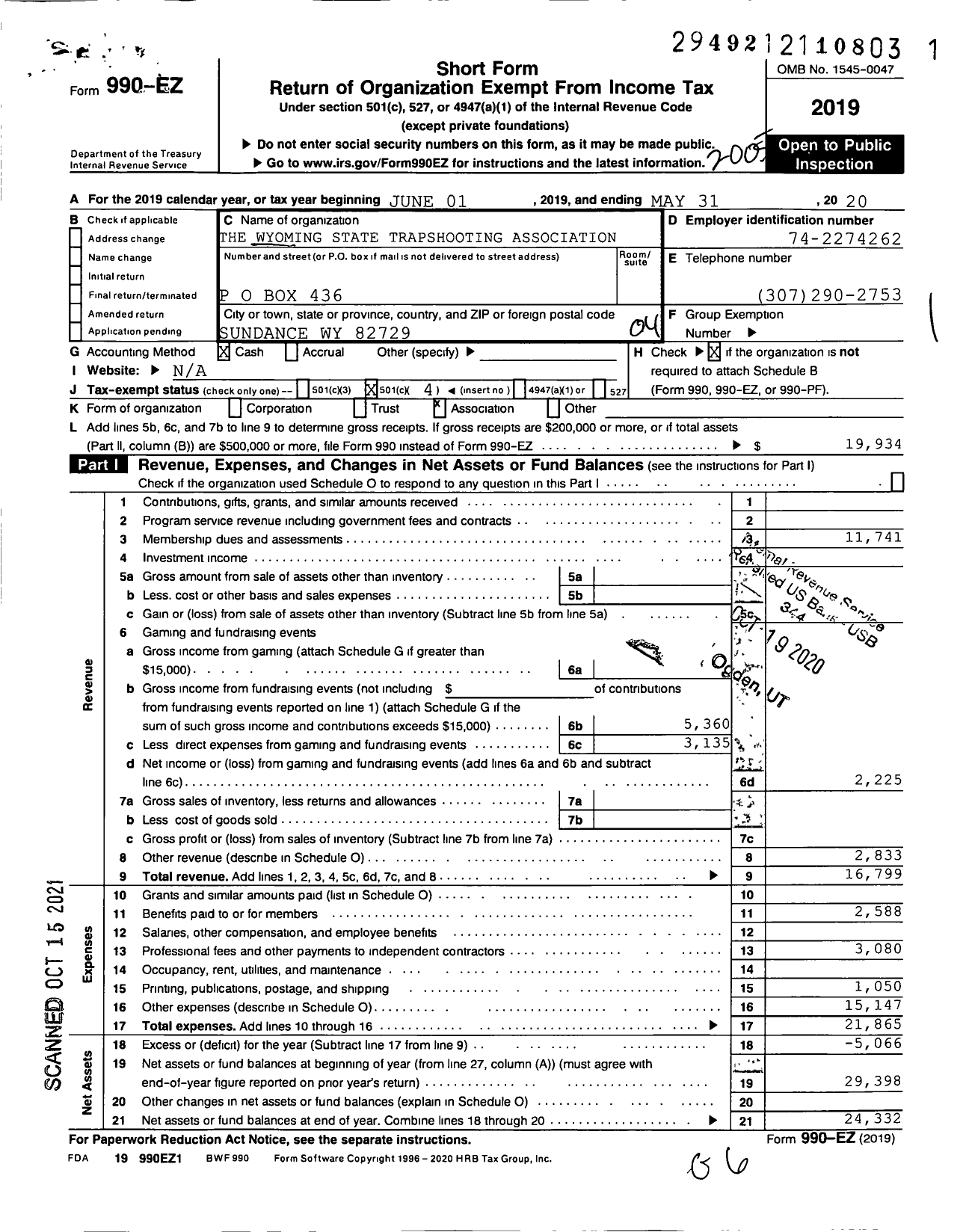 Image of first page of 2019 Form 990EO for Wyoming State Trapshooting Association