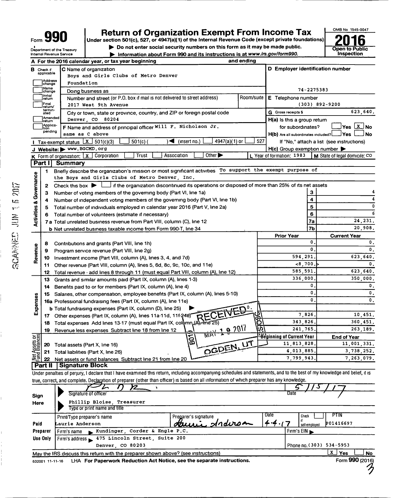 Image of first page of 2016 Form 990 for Boys and Girls Clubs of Metro Denver Foundation