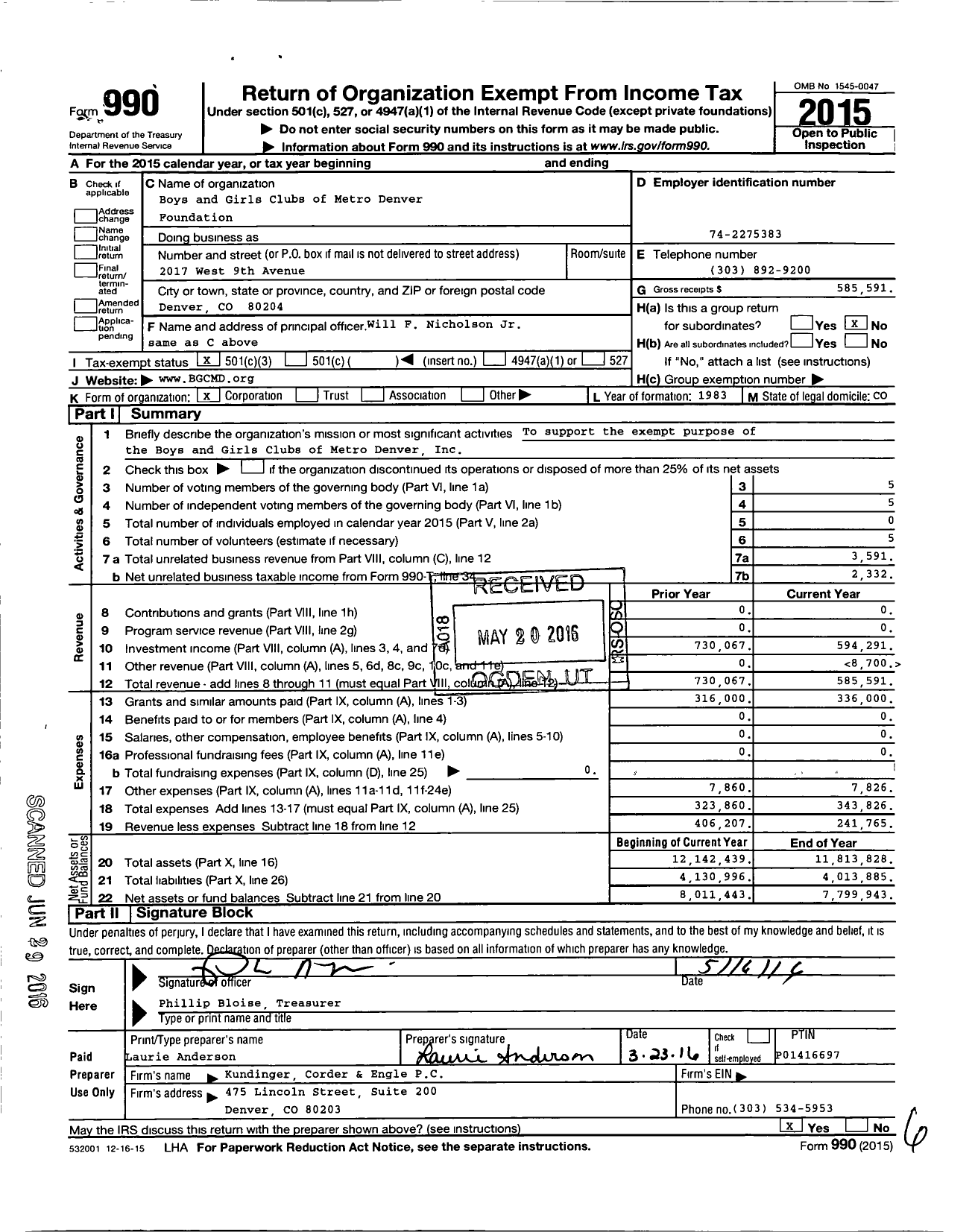 Image of first page of 2015 Form 990 for Boys and Girls Clubs of Metro Denver Foundation