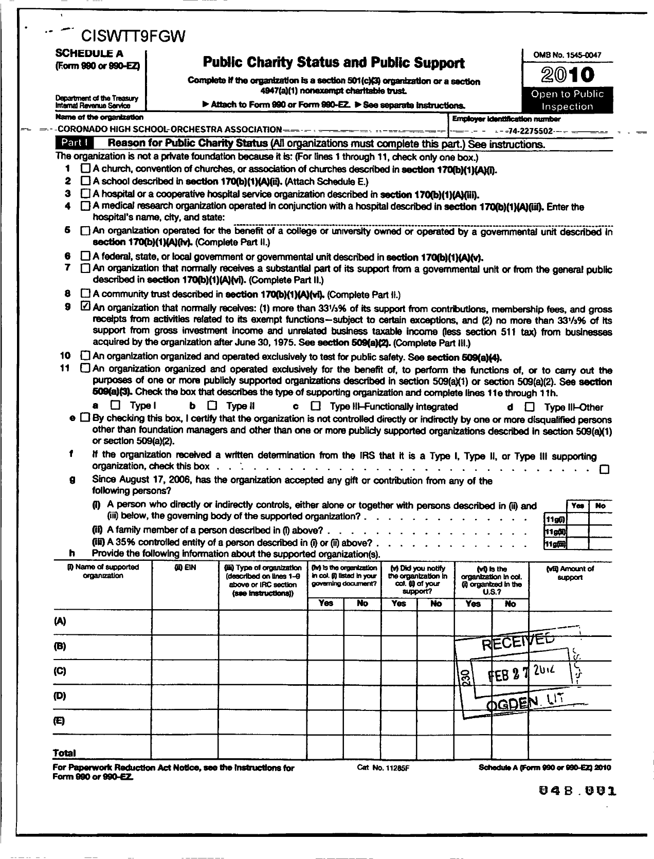 Image of first page of 2010 Form 990ER for Coronado High School Orchestra Association