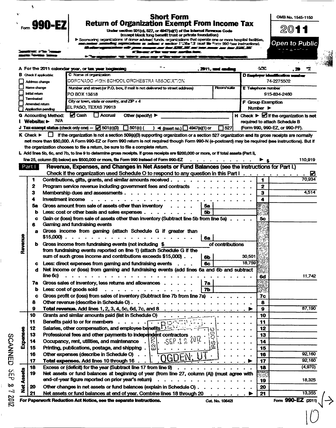 Image of first page of 2011 Form 990EZ for Coronado High School Orchestra Association