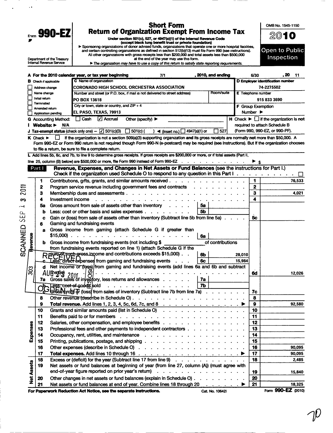 Image of first page of 2010 Form 990EZ for Coronado High School Orchestra Association