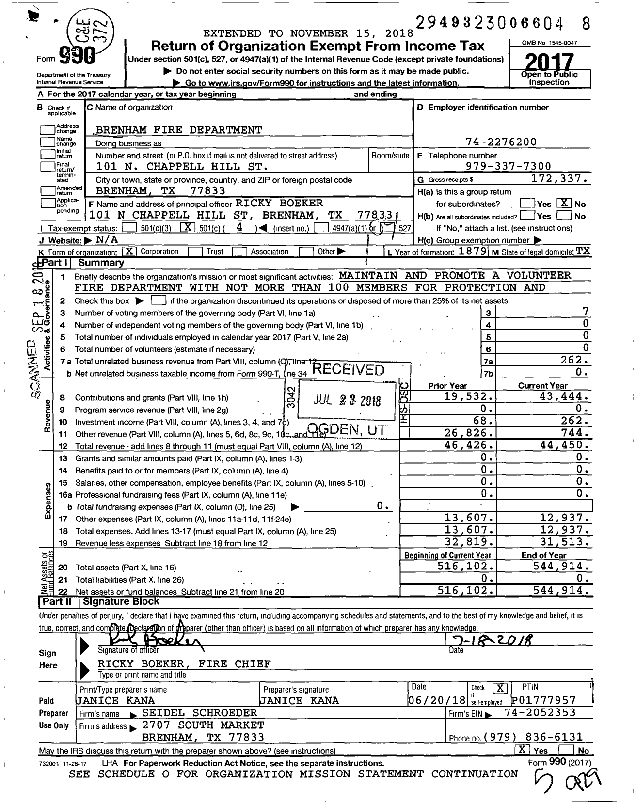 Image of first page of 2017 Form 990O for Brenham Fire Department