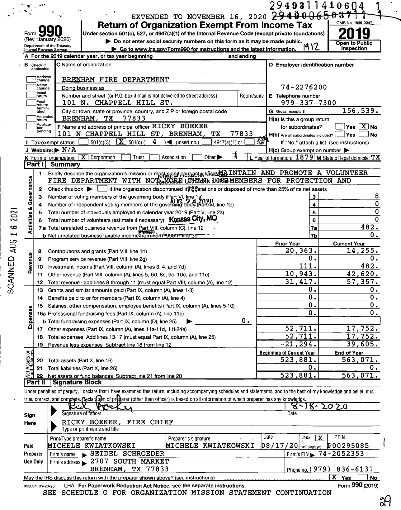 Image of first page of 2019 Form 990O for Brenham Fire Department