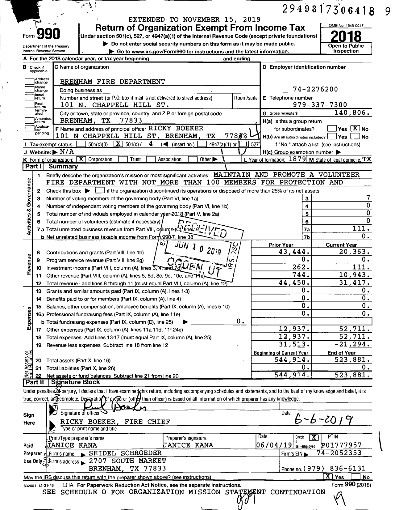 Image of first page of 2018 Form 990O for Brenham Fire Department