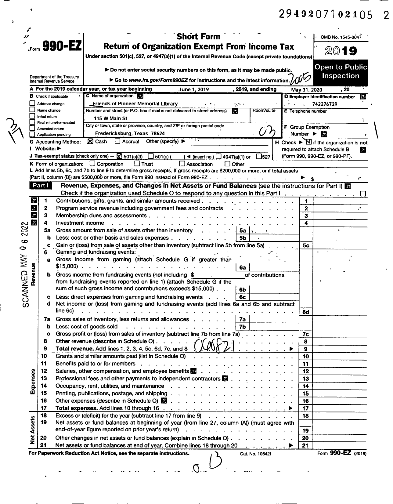 Image of first page of 2019 Form 990EZ for Friends of Pioneer Memorial Library